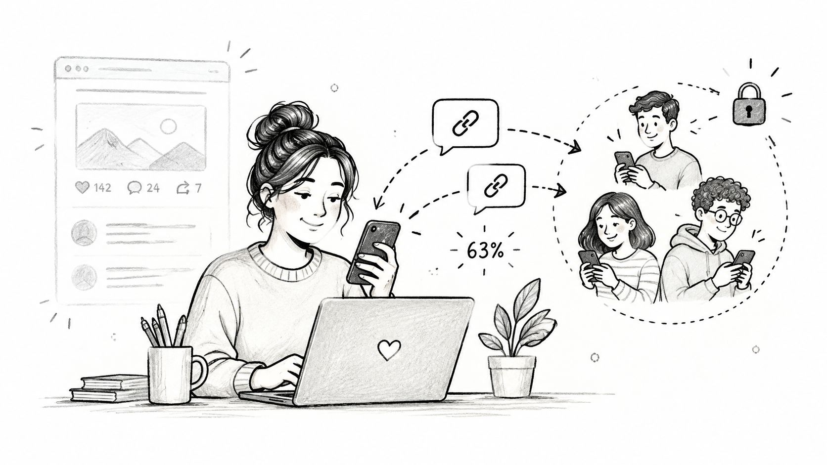 A sketched illustration depicting a young woman sharing digital content and links with friends on mobile devices.