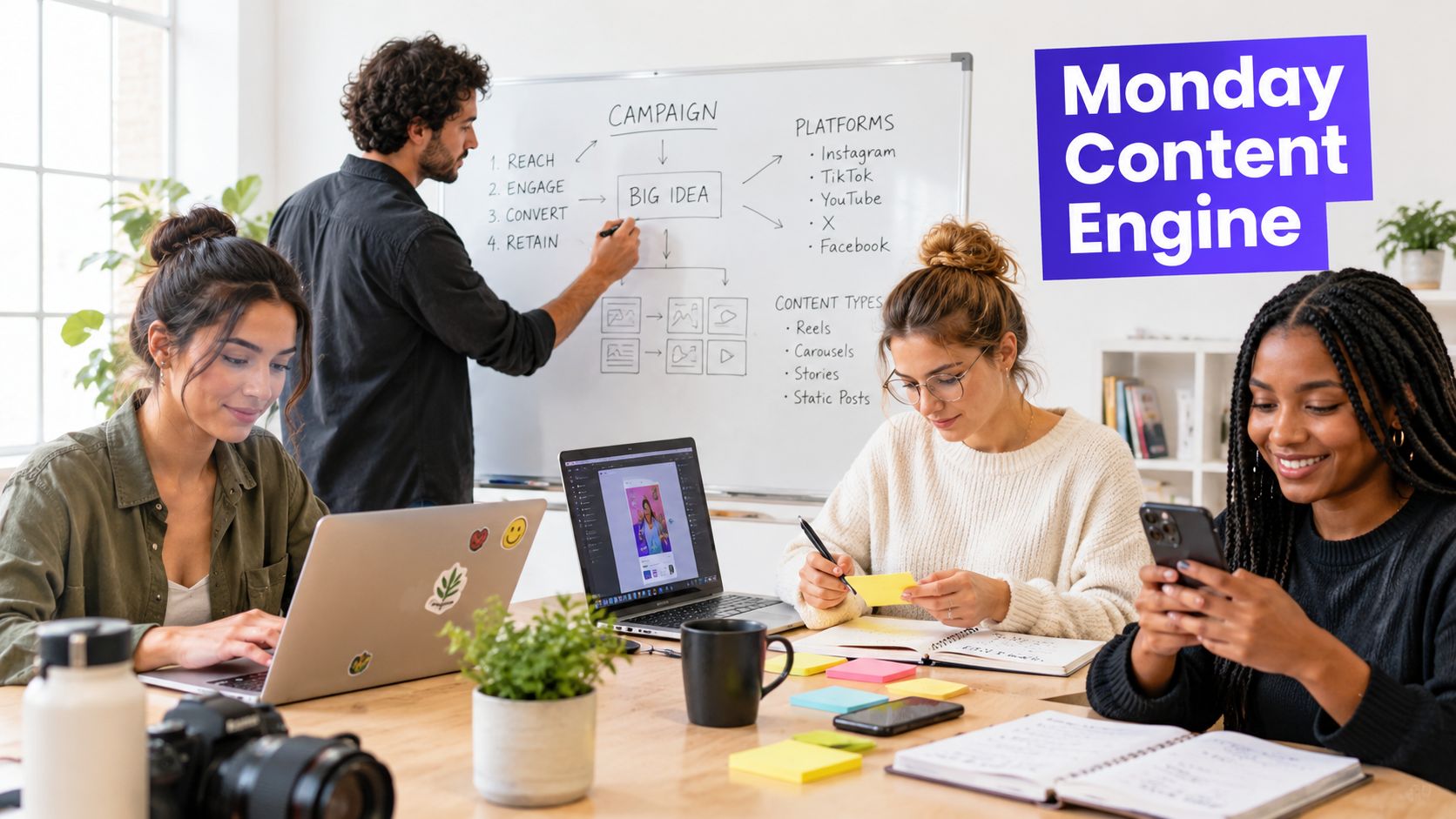 A diverse creative team collaborating on a marketing strategy in a modern office workspace with computers.