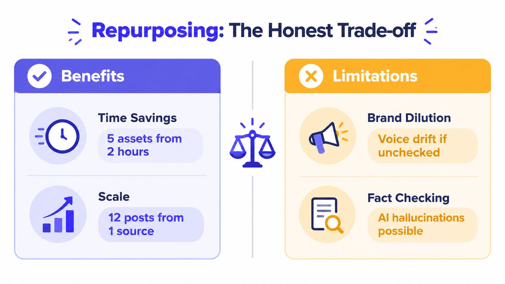 An infographic comparing the benefits and limitations of using AI for content repurposing tasks.