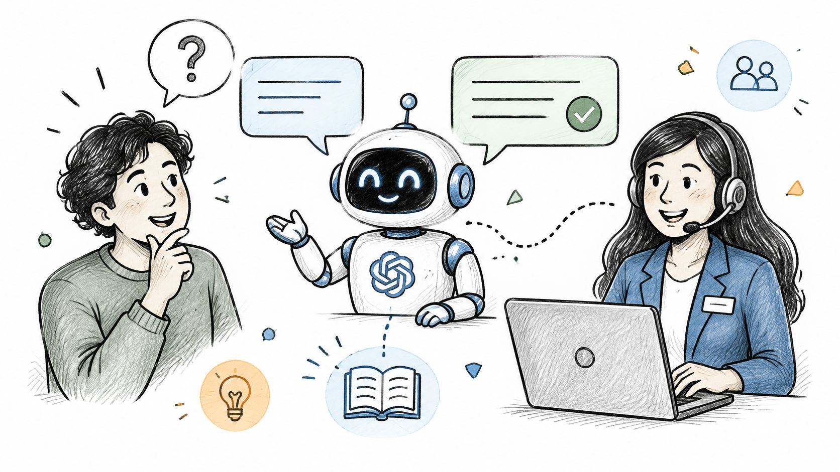 A digital illustration showing a man, an AI robot, and a support agent collaborating on business solutions.