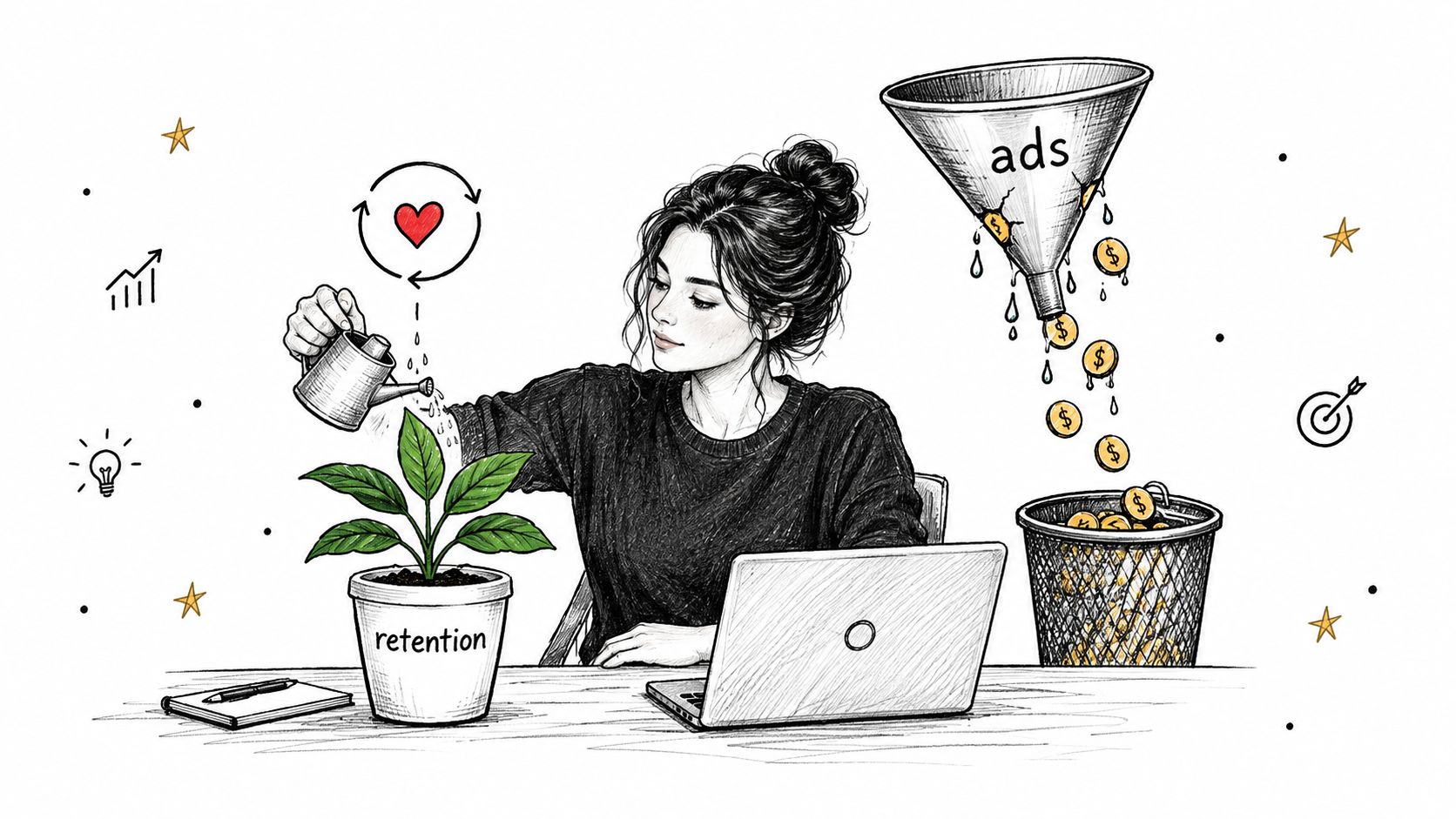 A businesswoman watering a plant labeled retention while money falls from an ad funnel into a trash bin.