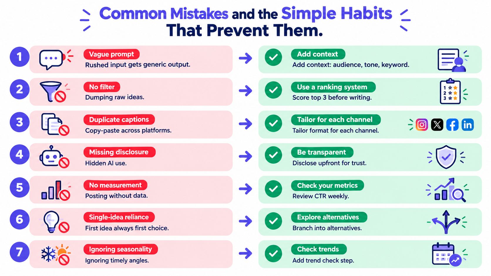 A seven-step guide highlighting common AI content mistakes and the simple habits to prevent them effectively.