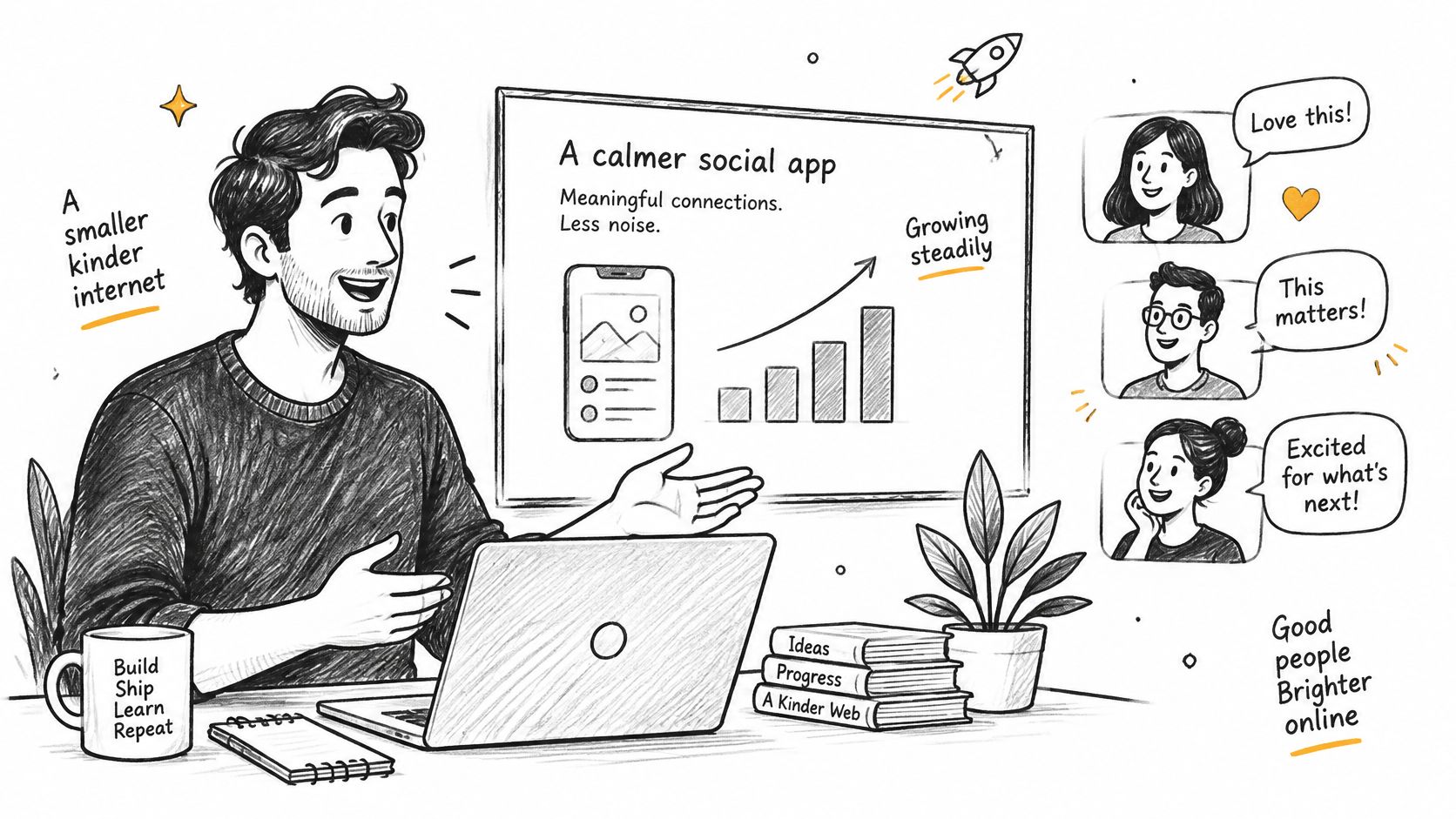 A hand-drawn illustration of a man presenting a growth strategy for a calm social app.