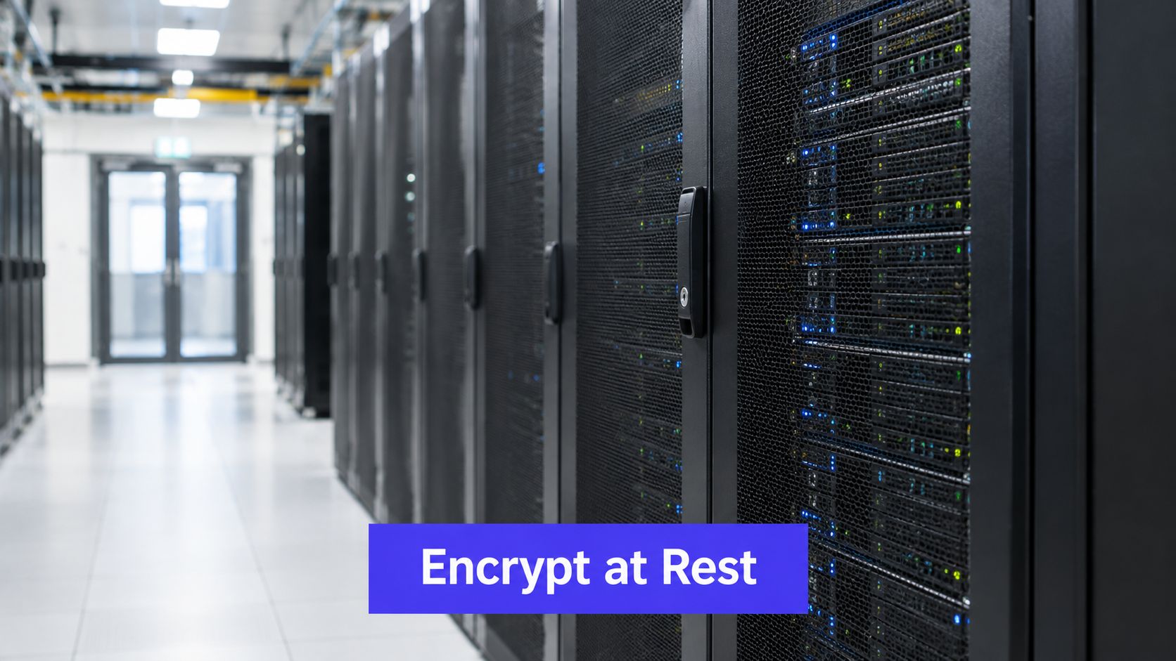 Rows of black server cabinets inside a clean, modern data center facility for enterprise information security.