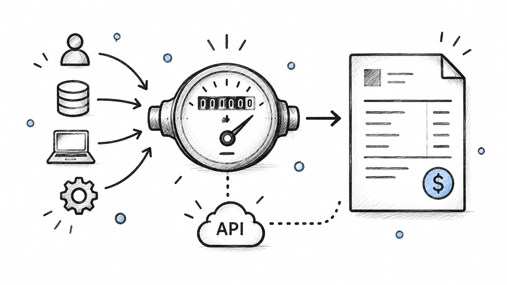 A hand-drawn illustration showing data sources flowing into a usage meter linked to an API-generated invoice.