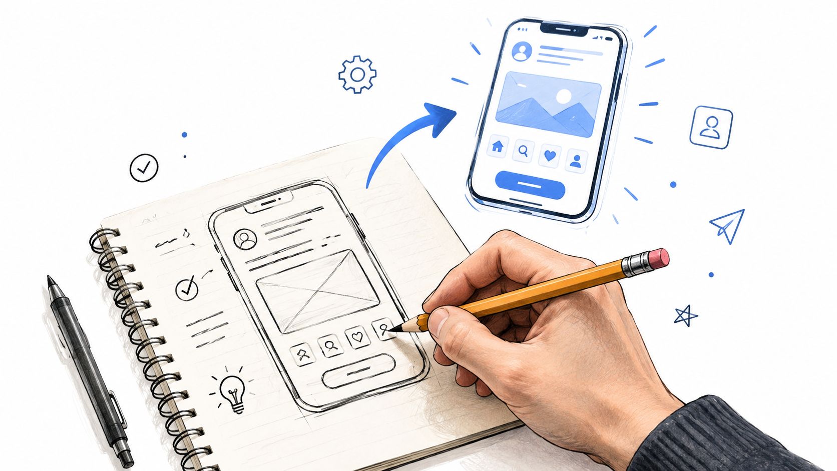 A hand drawing a mobile app wireframe in a spiral notebook, symbolizing the MVP development process.