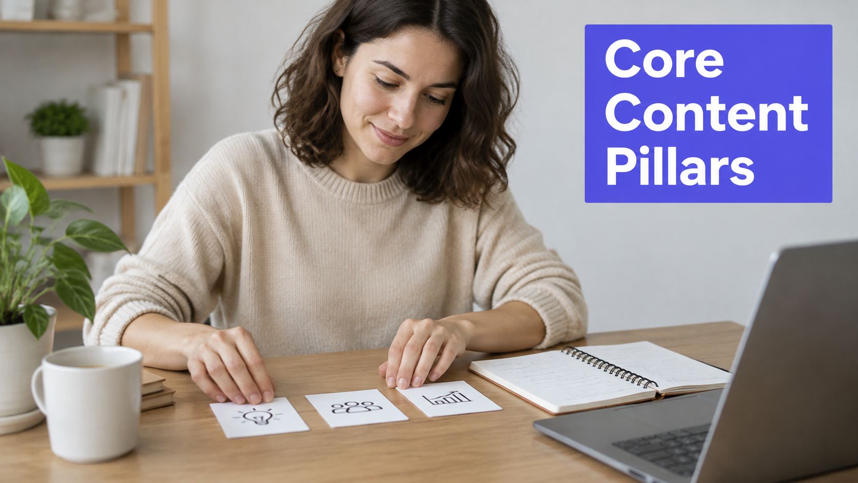 A woman working at a desk with cards featuring icons representing idea generation, community, and growth analysis.