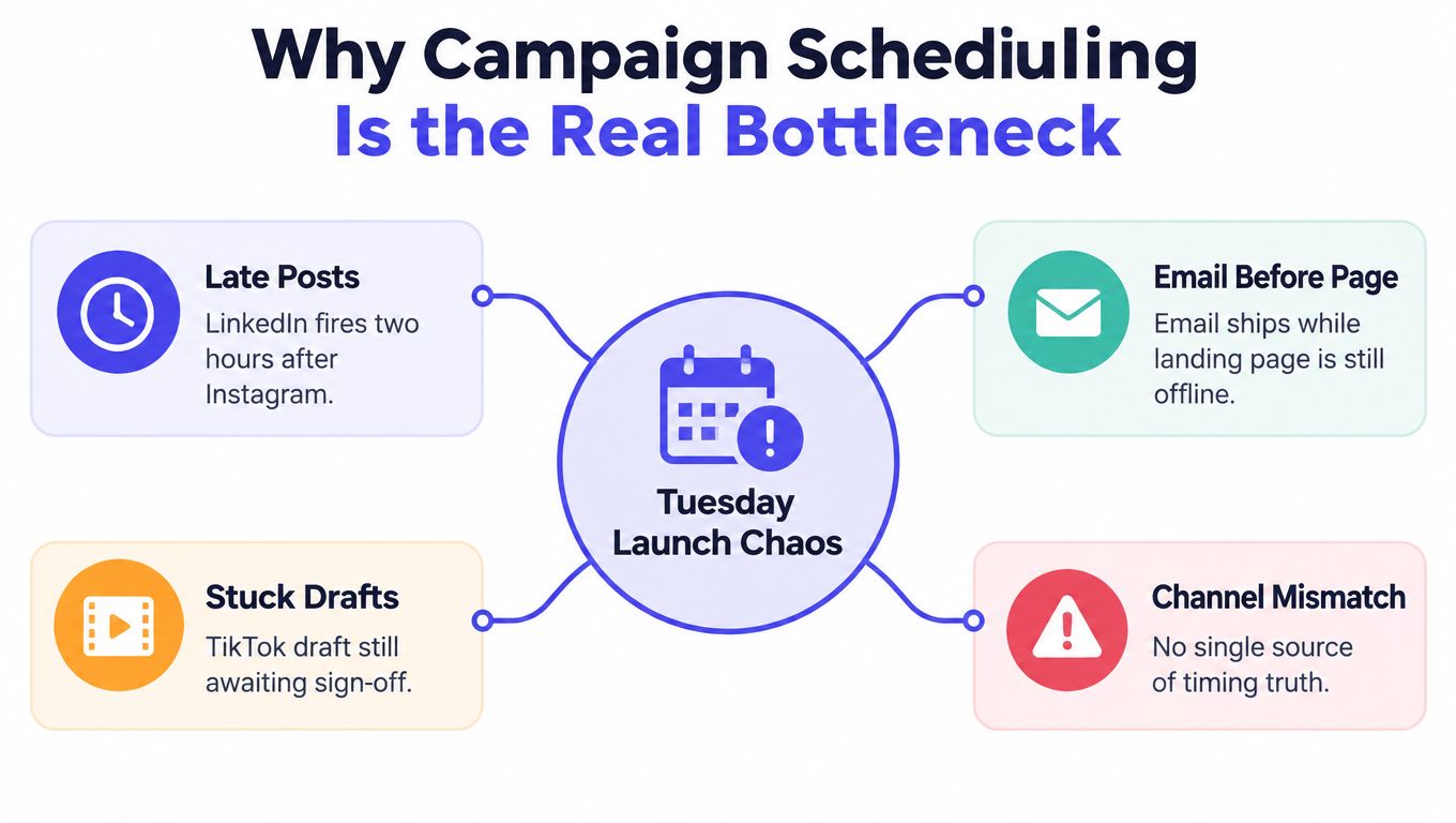 A diagram illustrating the challenges of campaign scheduling and why it often leads to launch chaos.
