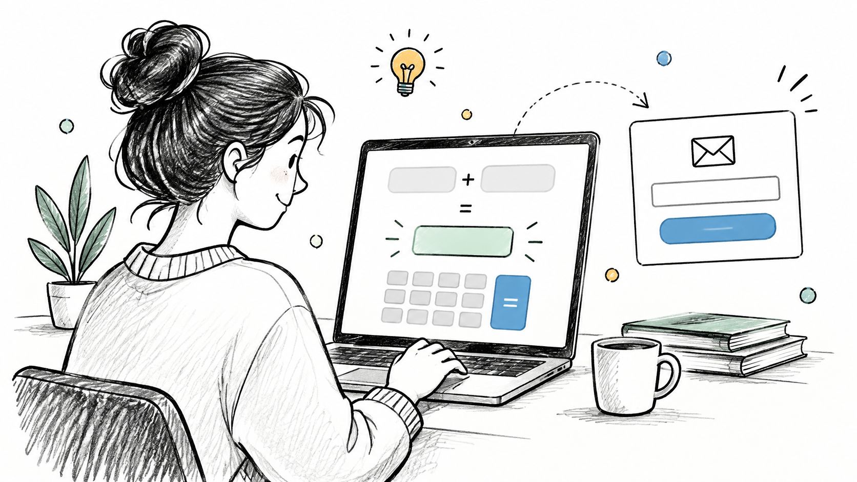 A girl working on a laptop at a desk with an idea lightbulb and email icon.