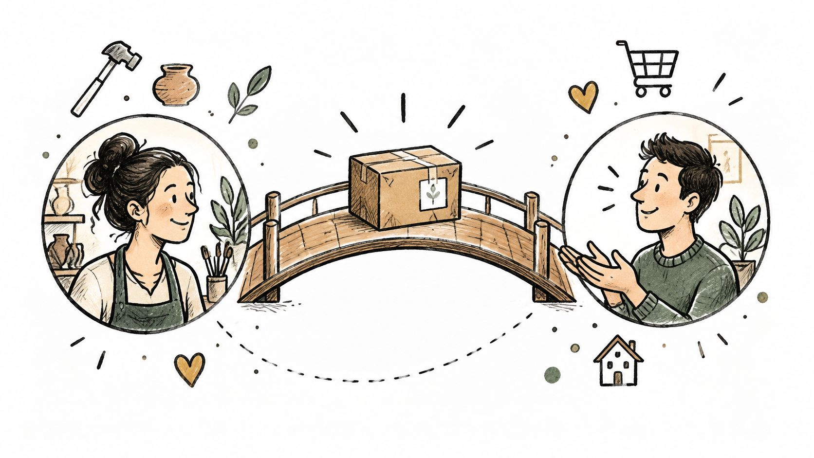 An illustration showing a maker sending a package across a bridge to a smiling online customer.