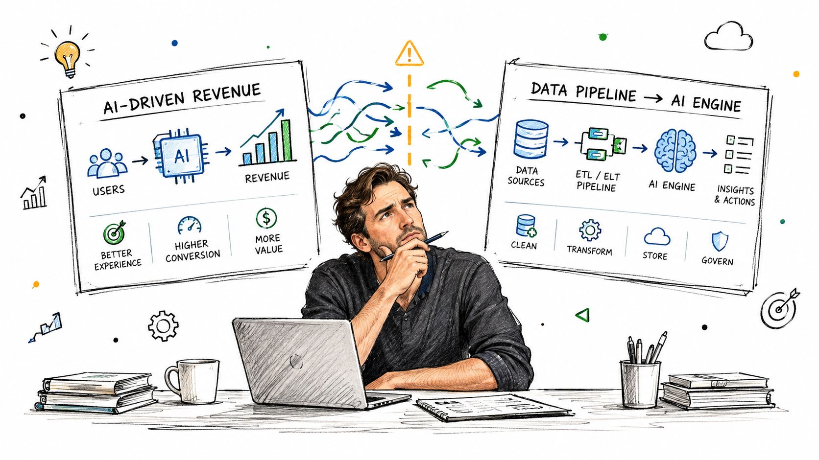 A thoughtful professional at a desk reviewing a diagram comparing AI-driven revenue and data pipeline models.