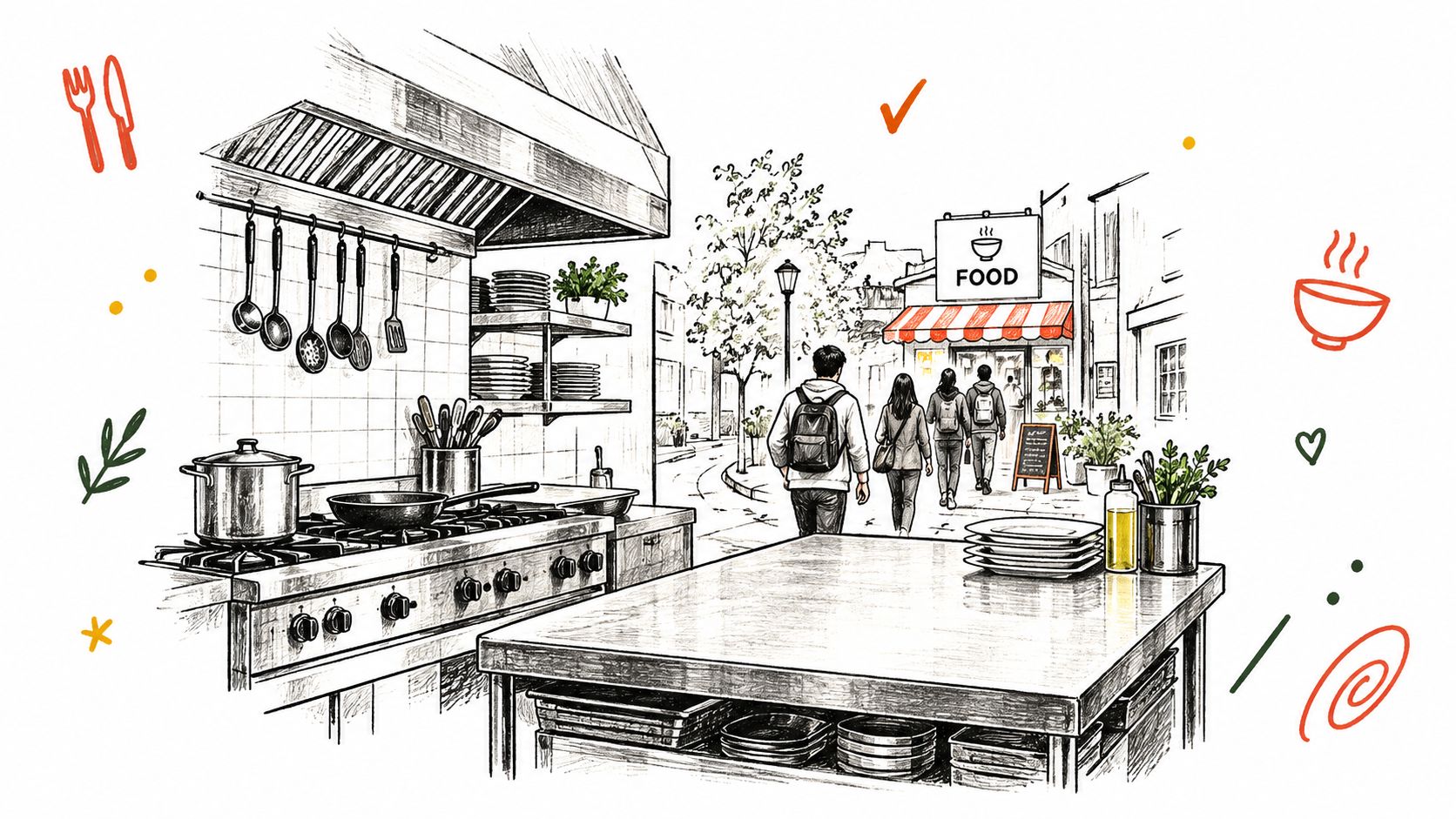 A black and white sketch showing a professional restaurant kitchen blending into a lively city street scene.