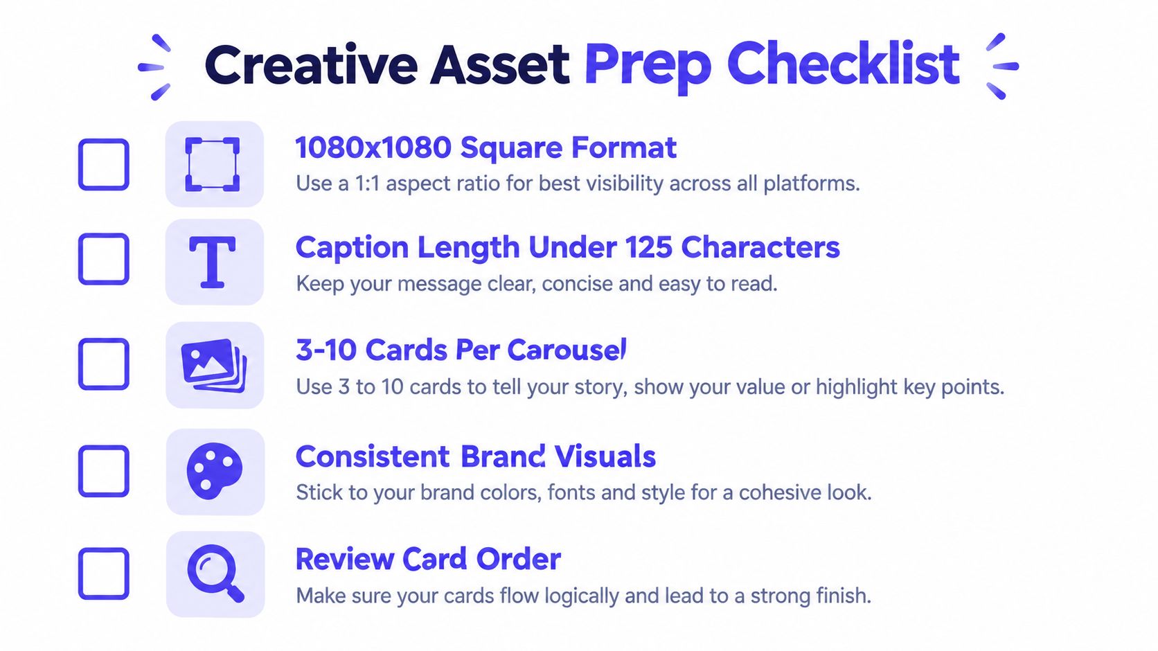 A checklist for creating social media carousel posts featuring five key steps for successful creative assets.