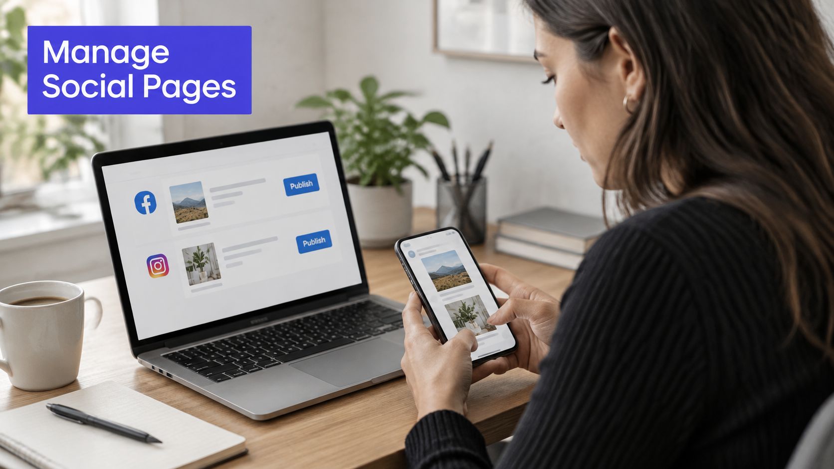A professional woman using a laptop and smartphone to manage multiple social media pages simultaneously.