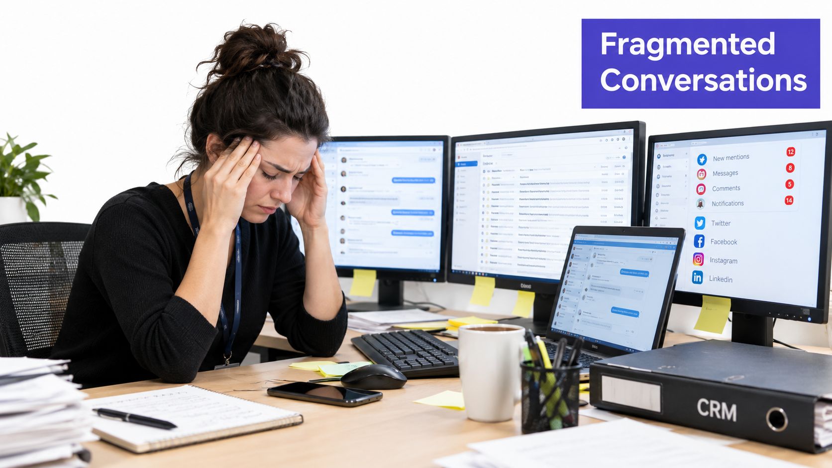 Stressed office worker overwhelmed by multiple computer screens and messages while managing customer service communications.