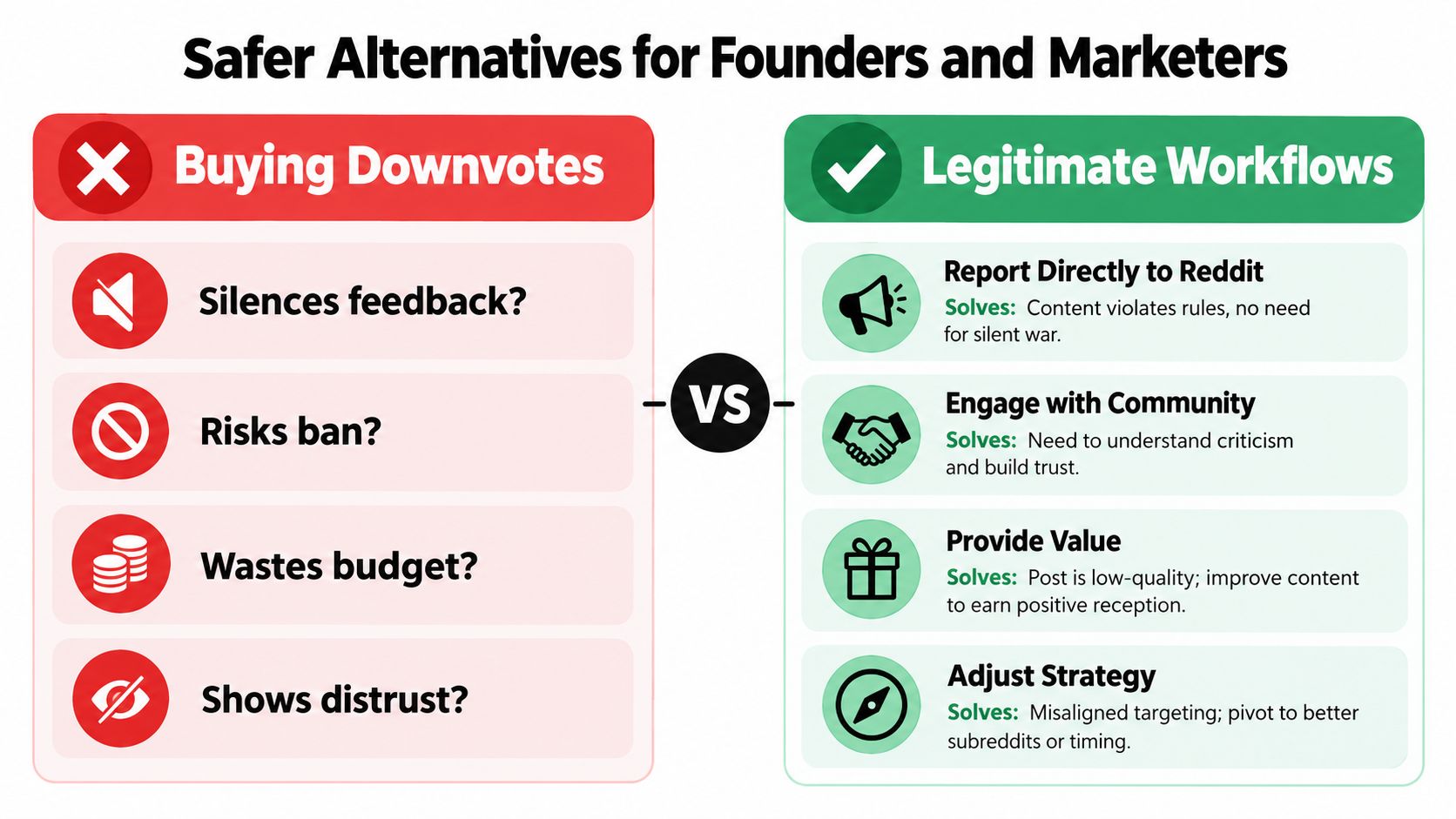 A comparison chart showing why buying Reddit downvotes is risky and suggesting better, legitimate alternatives for marketers.