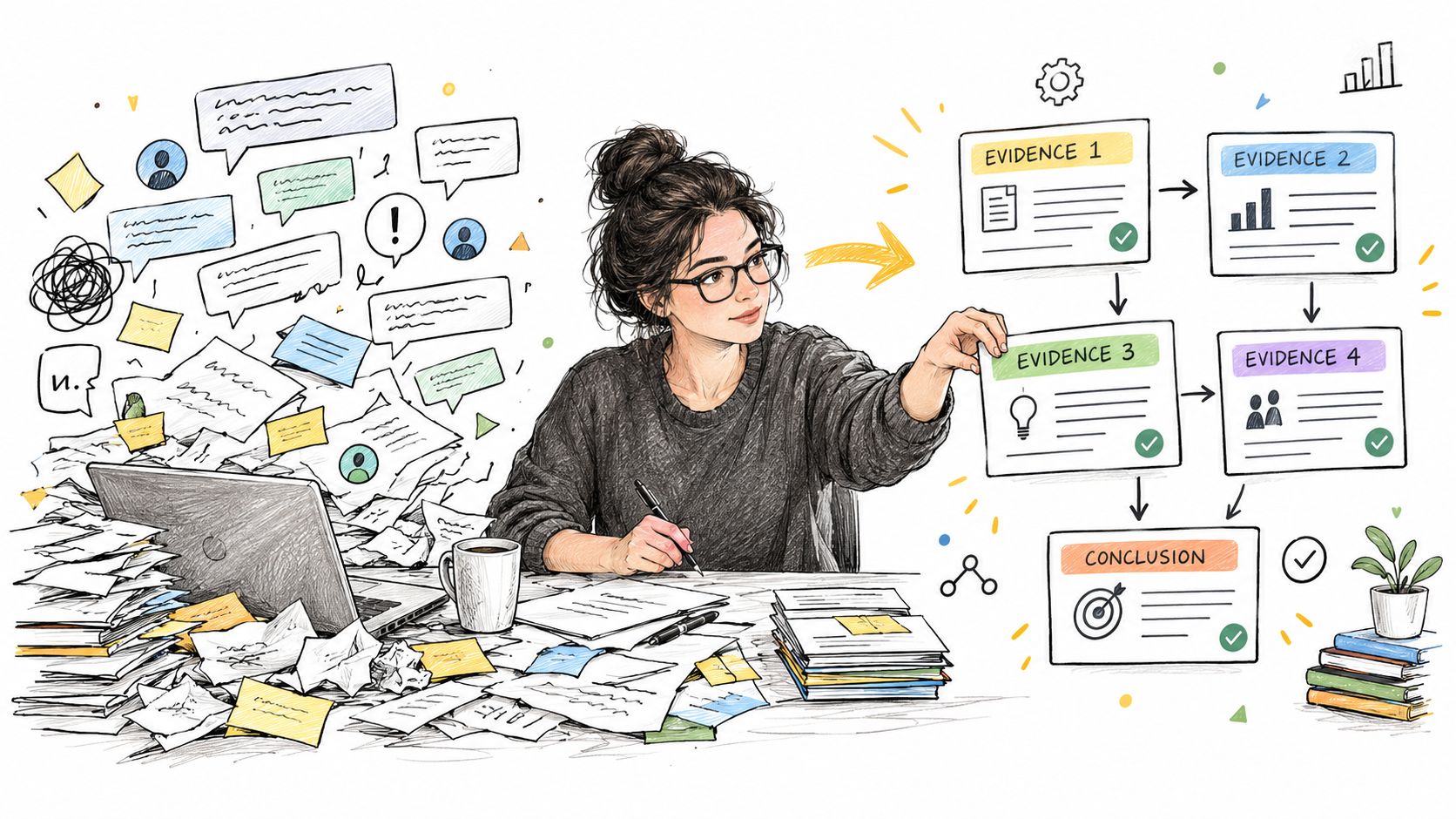 A creative professional organizing scattered information into structured evidence and logical conclusions during market research.
