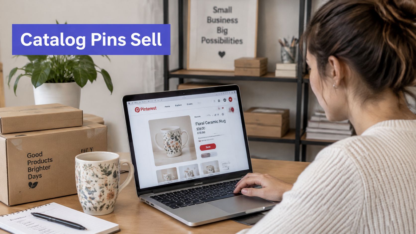 A woman working on a laptop at a desk, managing products for sale on Pinterest.