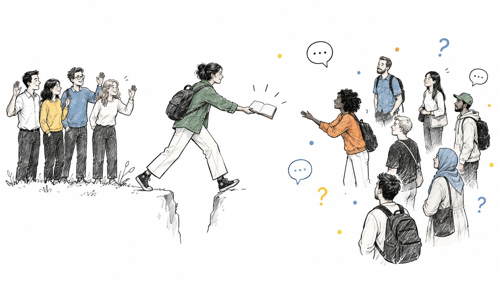 A student leaping across a gap to share a book with a diverse group of people
