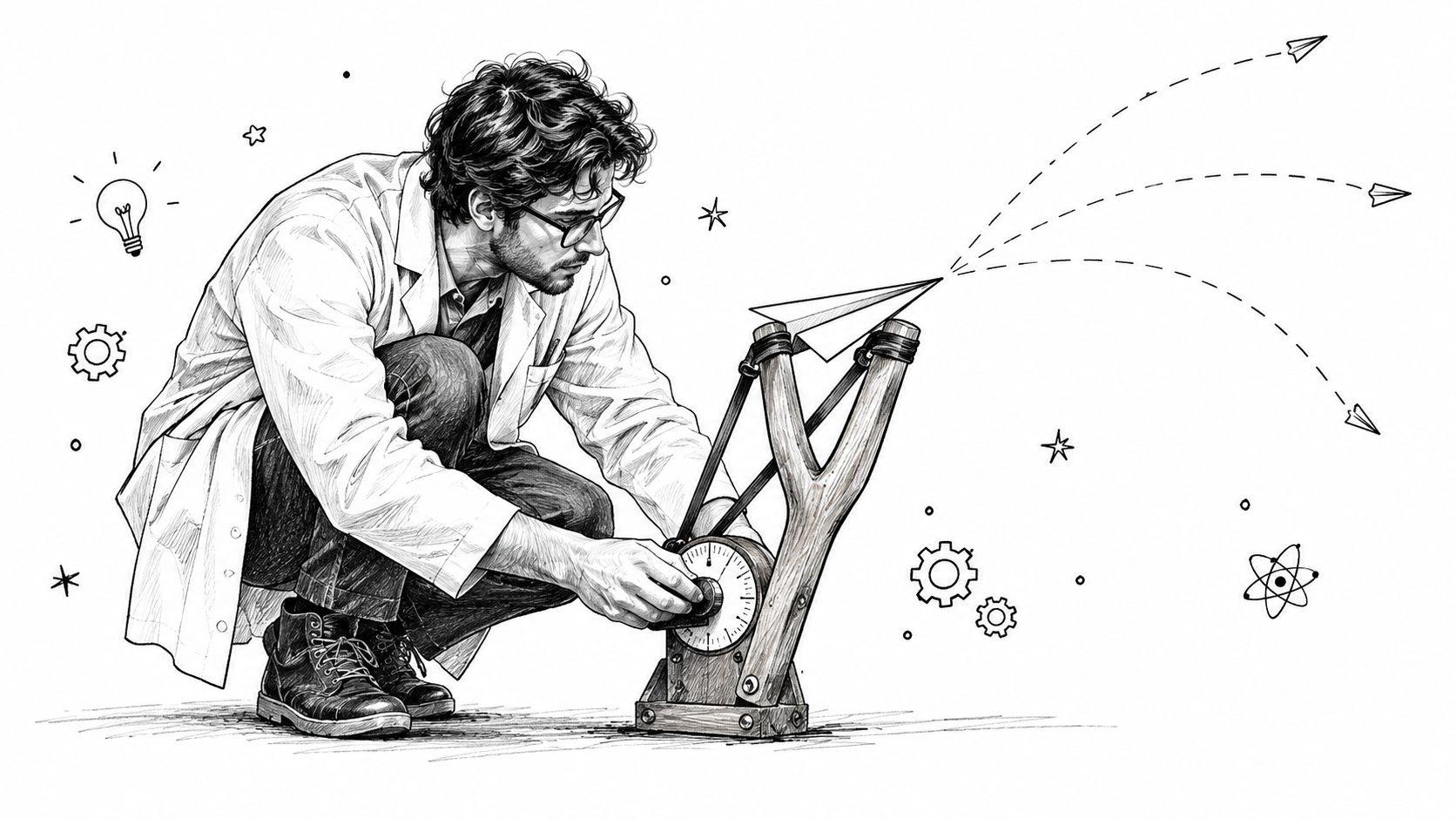 A scientist in a lab coat adjusting a wooden slingshot launching a paper airplane with scientific icons