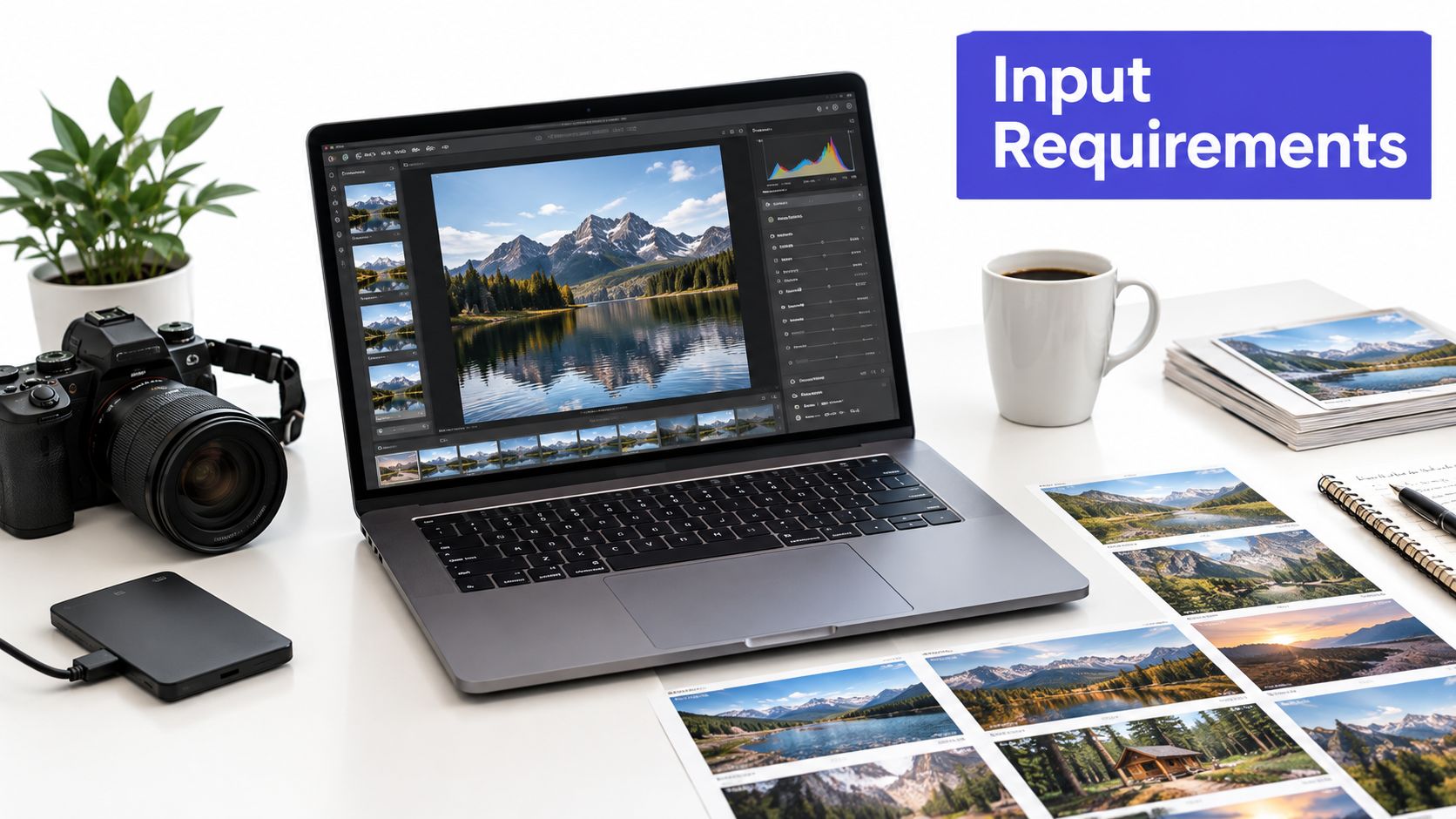 A professional photo editing workspace with a laptop displaying landscape photography on a bright office desk.