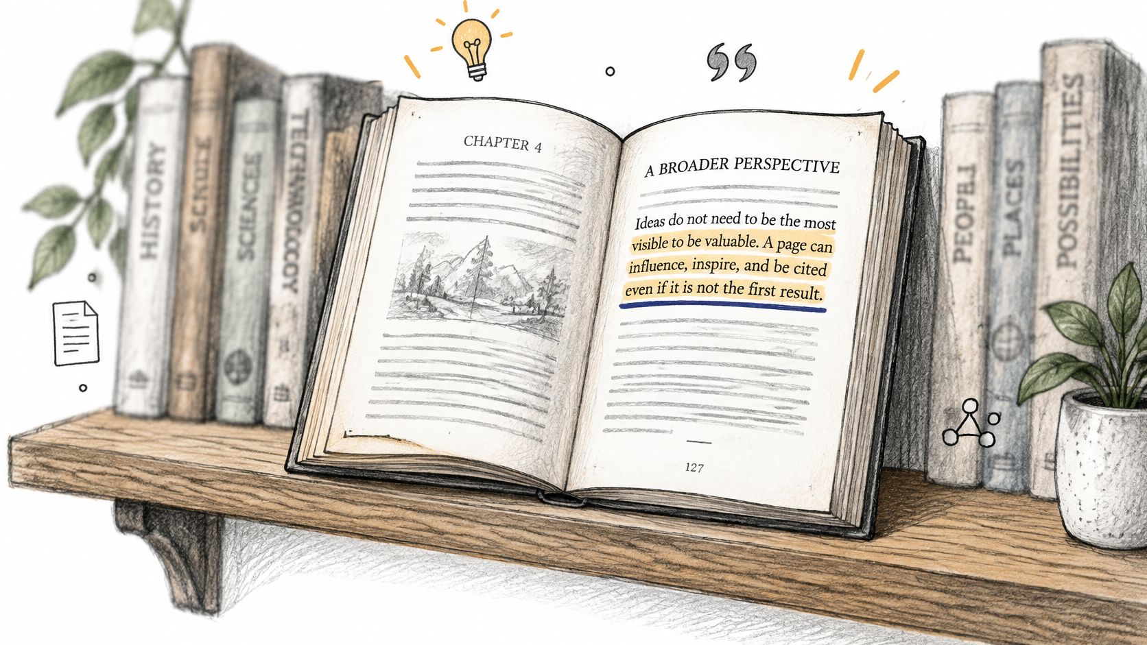 An open book on a wooden shelf with a highlighted message about digital search visibility and value.