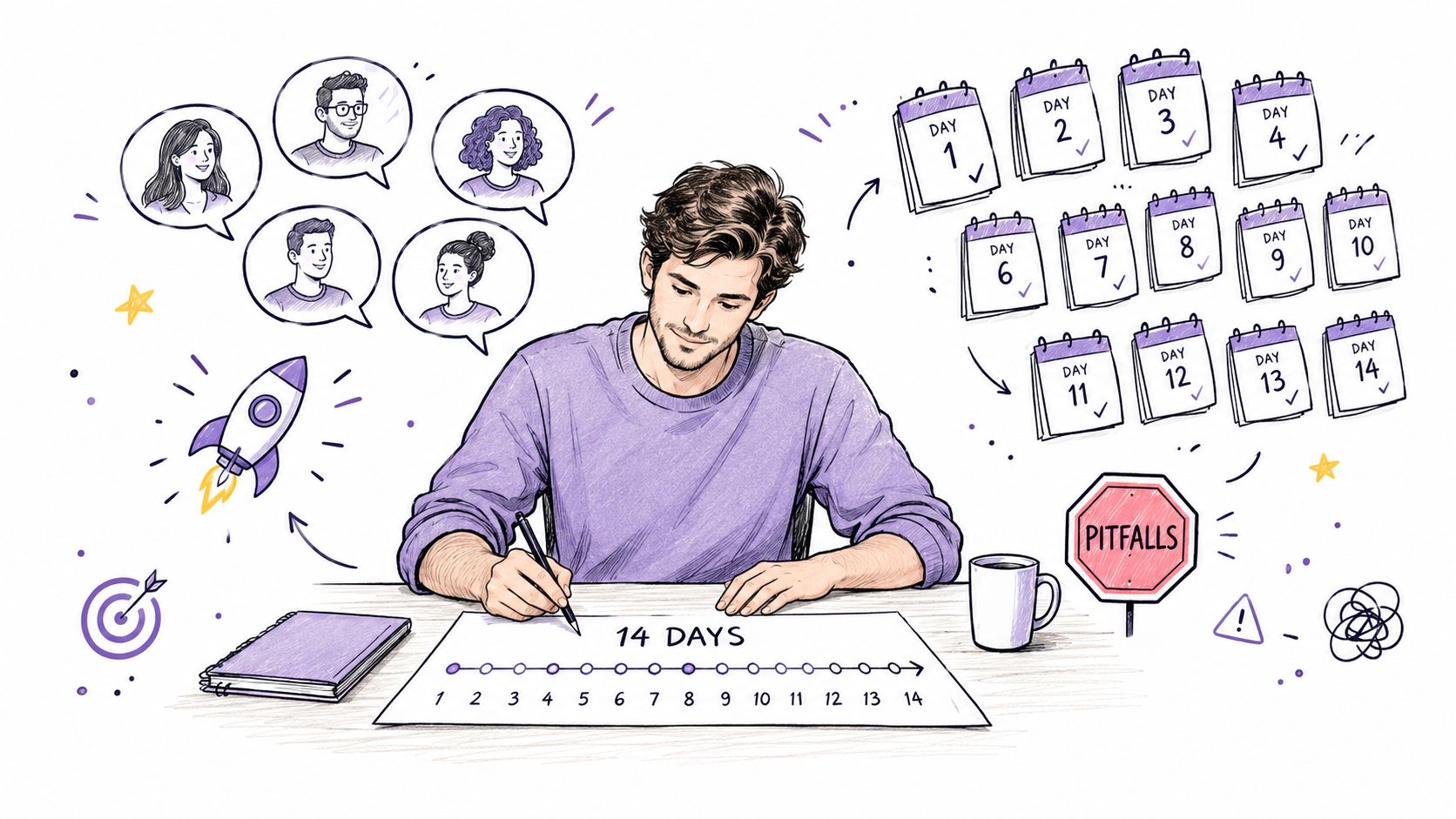 An illustration of a person planning a fourteen-day startup idea validation timeline with team members and goals.