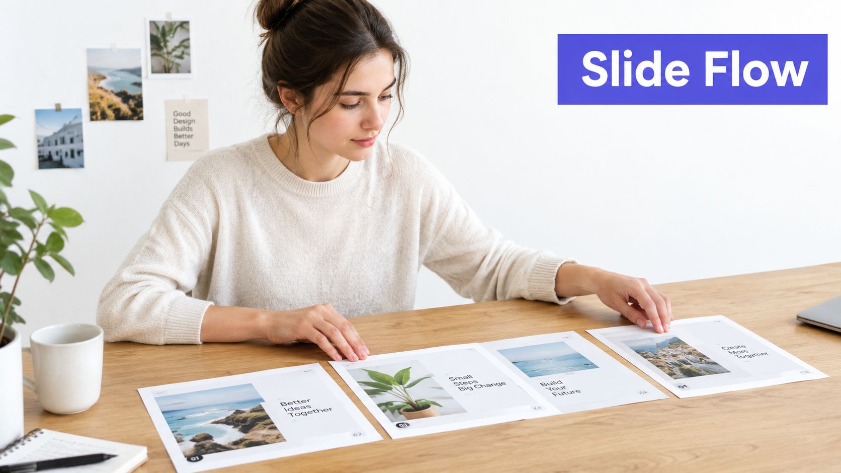 A woman reviewing a set of printed presentation slides for a social media carousel on a desk.