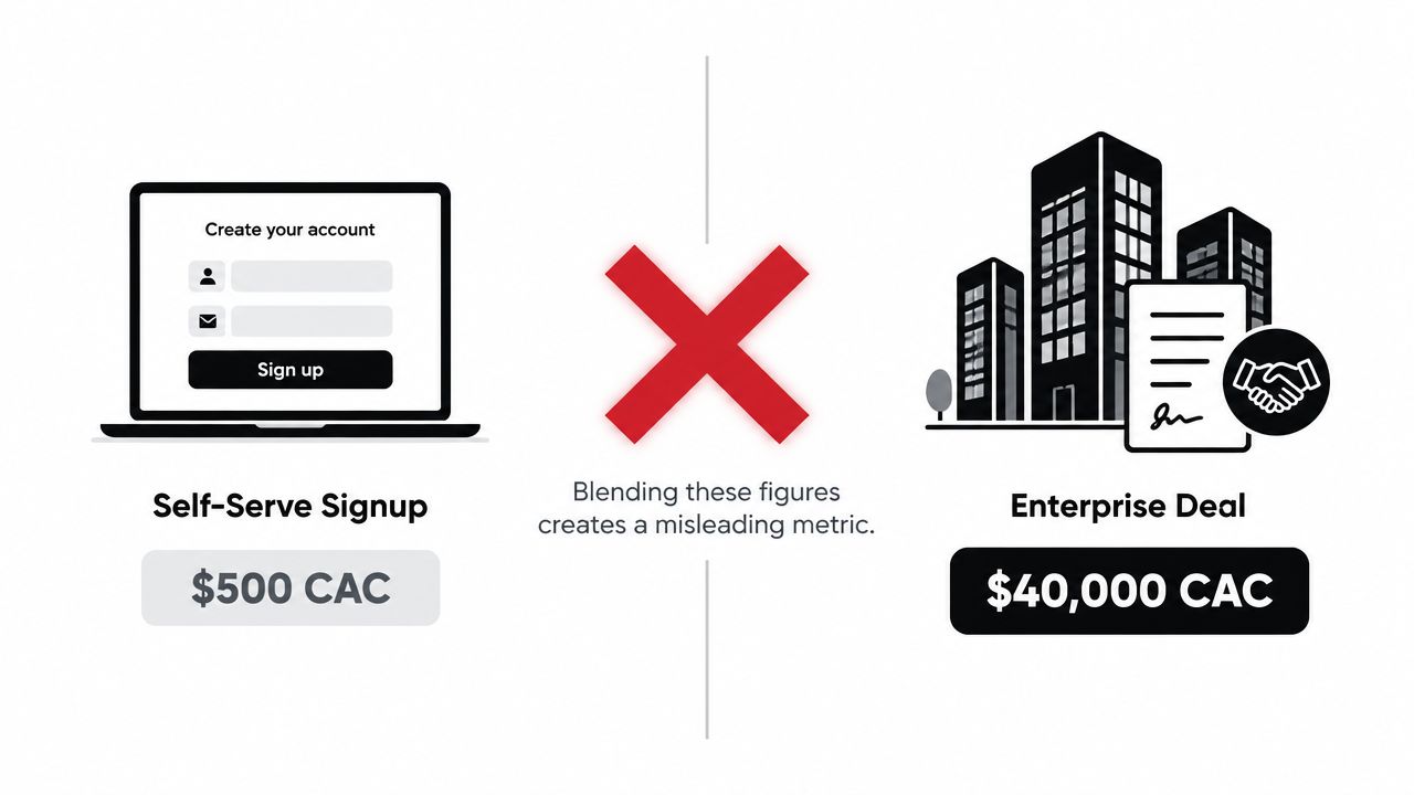A comparison showing why blending self-serve and enterprise customer acquisition costs leads to misleading financial metrics.