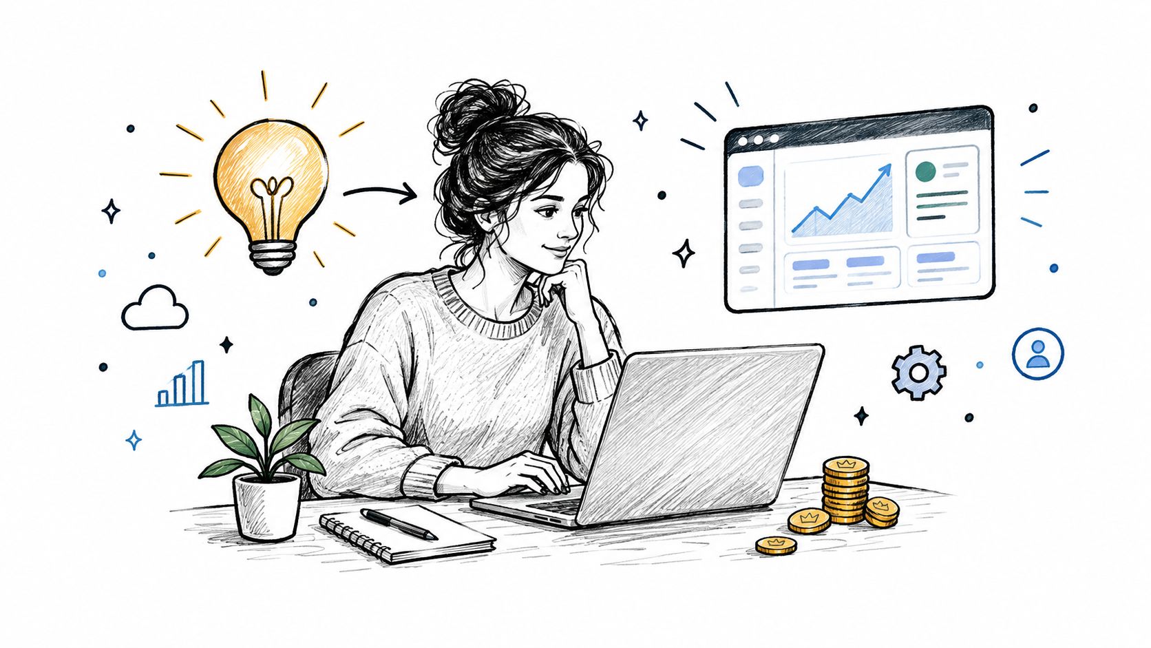A young woman working on her laptop, visualizing business growth from an idea to financial success.
