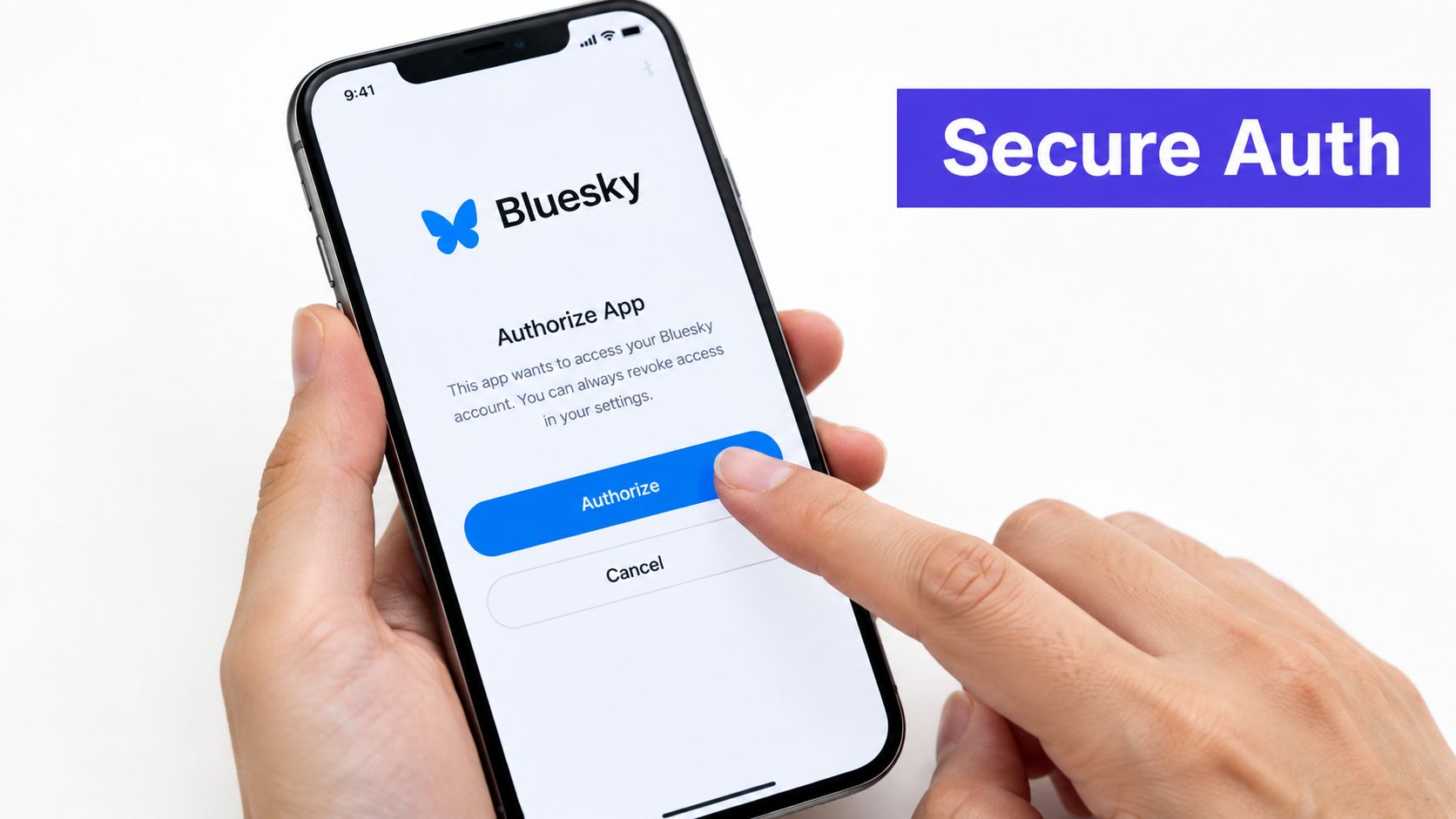 A person using a smartphone to tap the authorize button for the Bluesky application account login.