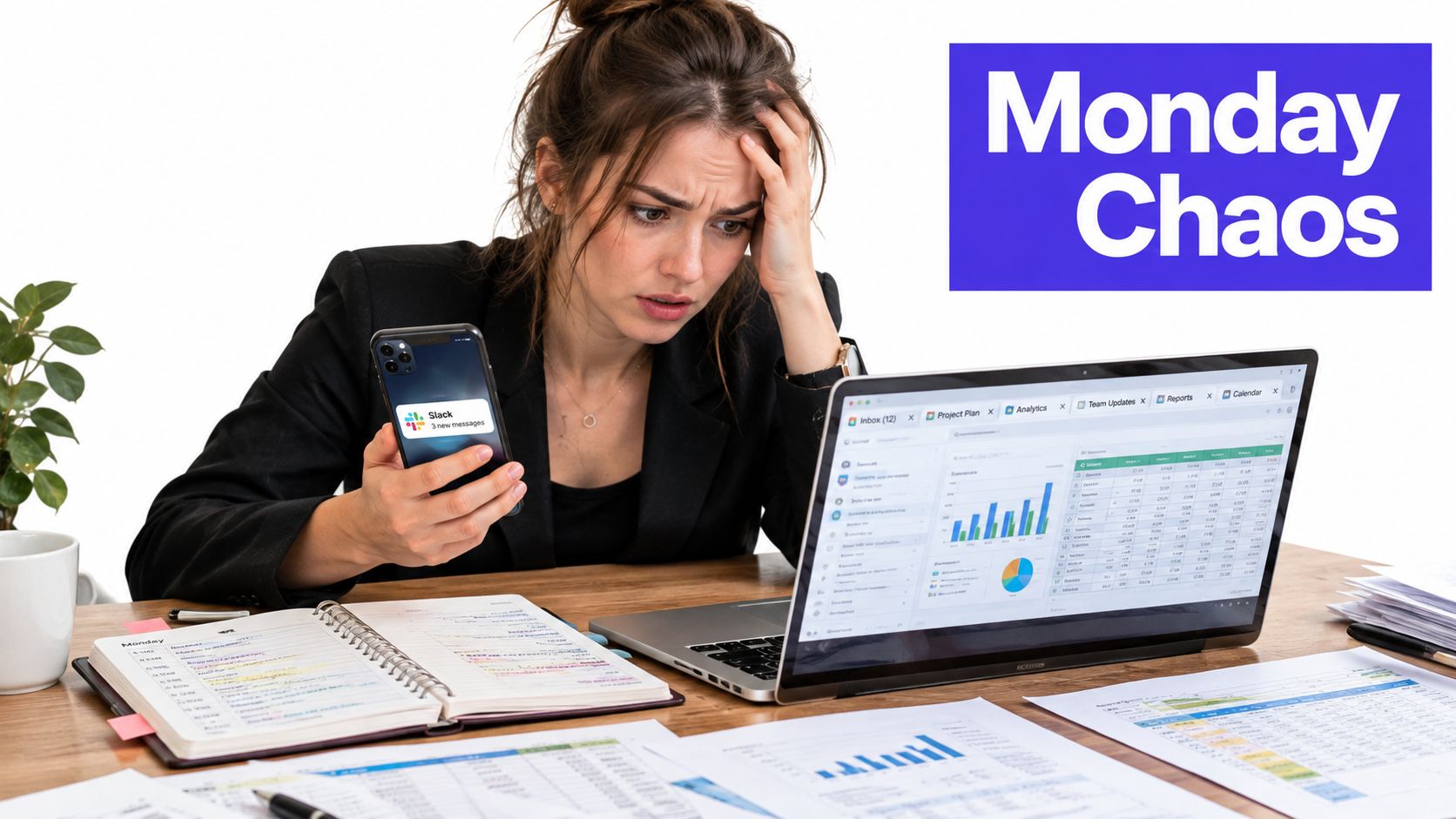 Stressed business woman struggling with high workload, notifications, and analytics while working at her desk.