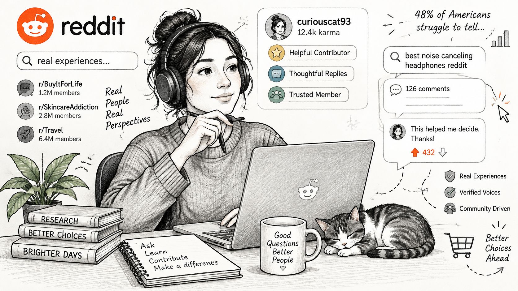 A hand-drawn sketch of a person using a laptop with Reddit interface elements and community icons.
