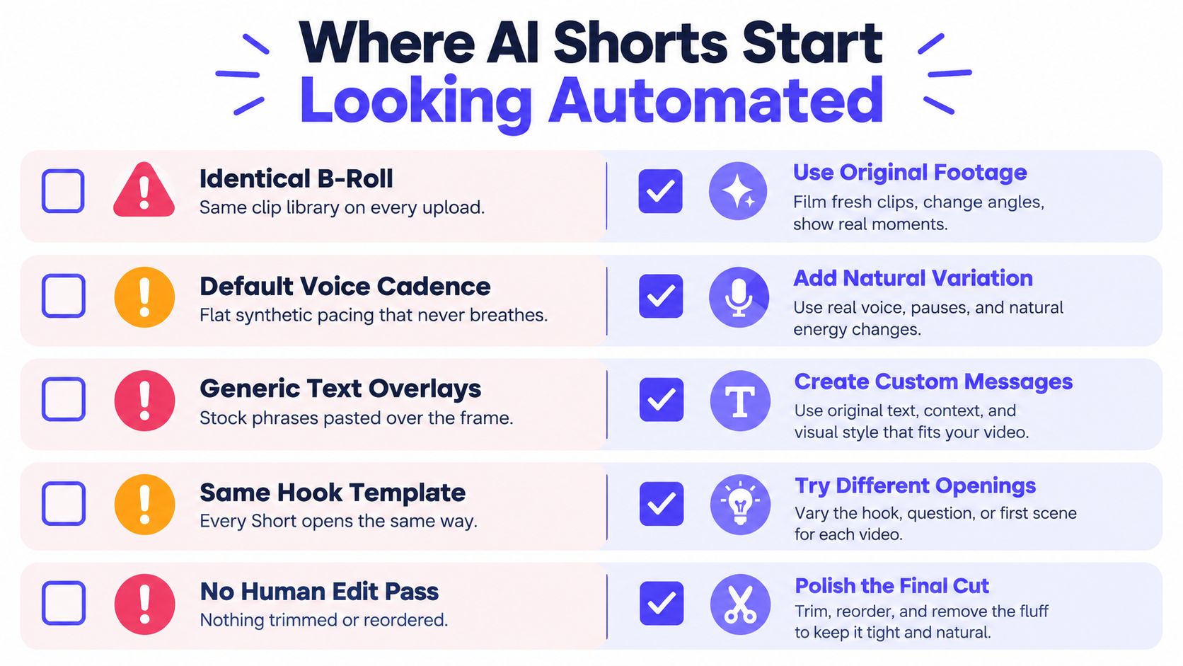 A comparison chart showing how to make AI-generated YouTube Shorts look less automated and more natural.