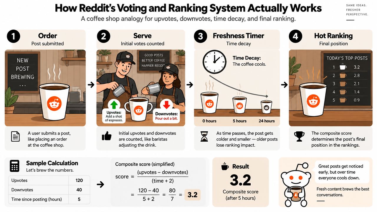 An infographic explaining Reddit's ranking algorithm using a coffee shop analogy for votes and time decay.