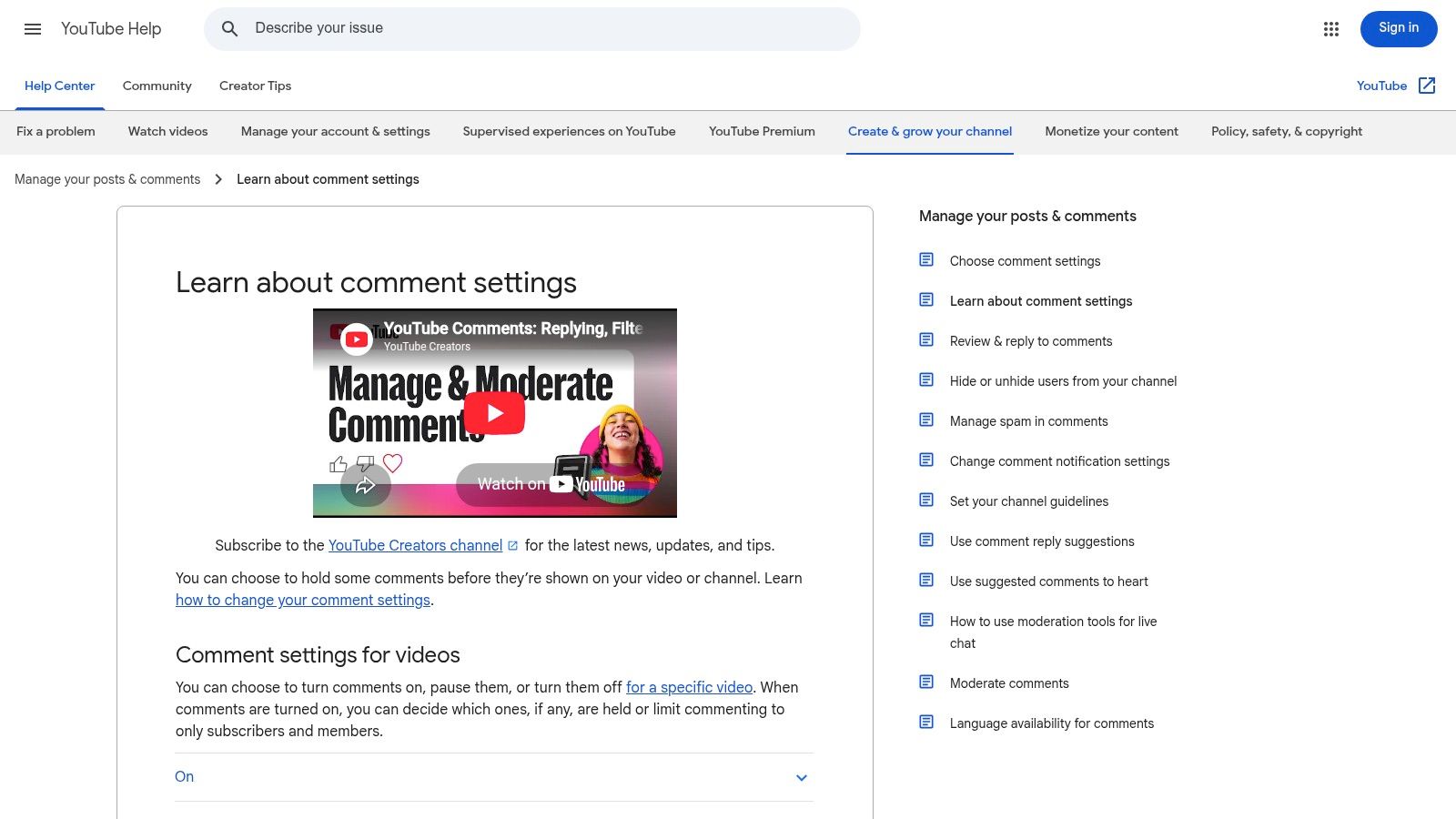 YouTube Studio comment moderation