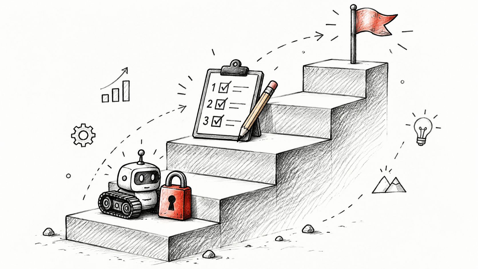 A pencil-style illustration of a robot, a locked padlock, a checklist, and a flag on stairs.