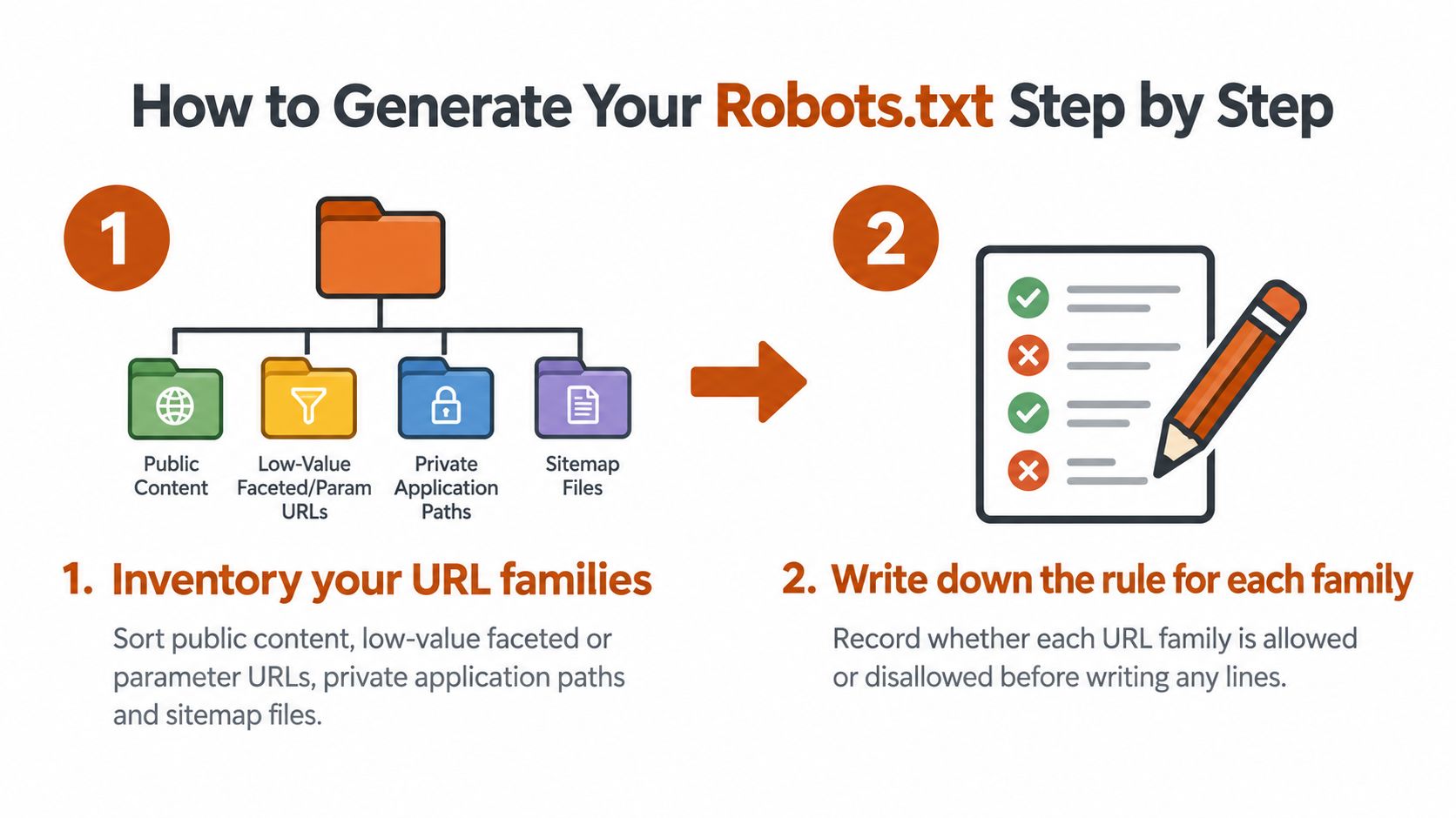 A step-by-step infographic illustrating how to generate a robots.txt file for your website by inventorying URL families.