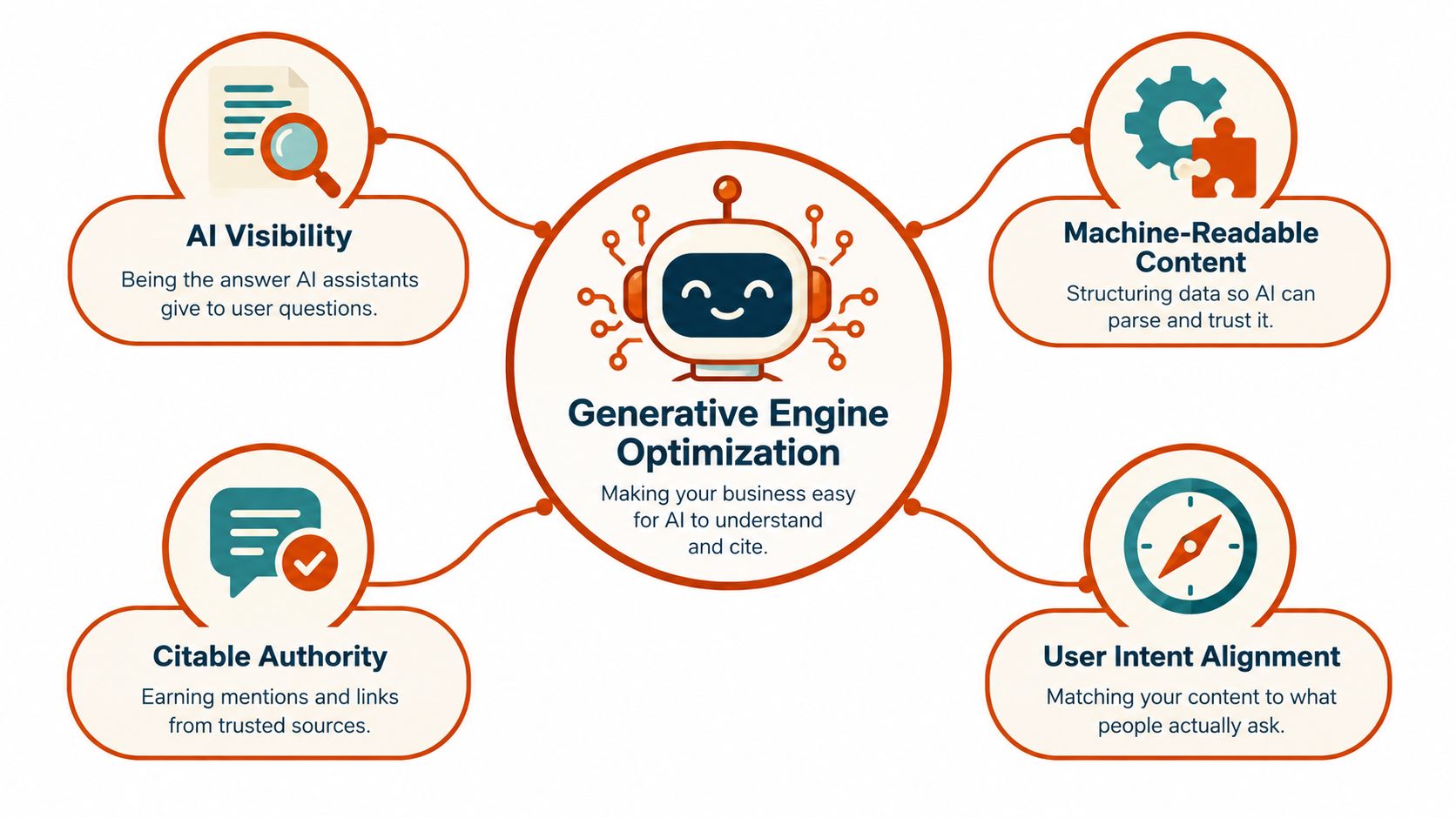 A diagram illustrating the four core components of Generative Engine Optimization for AI search visibility.