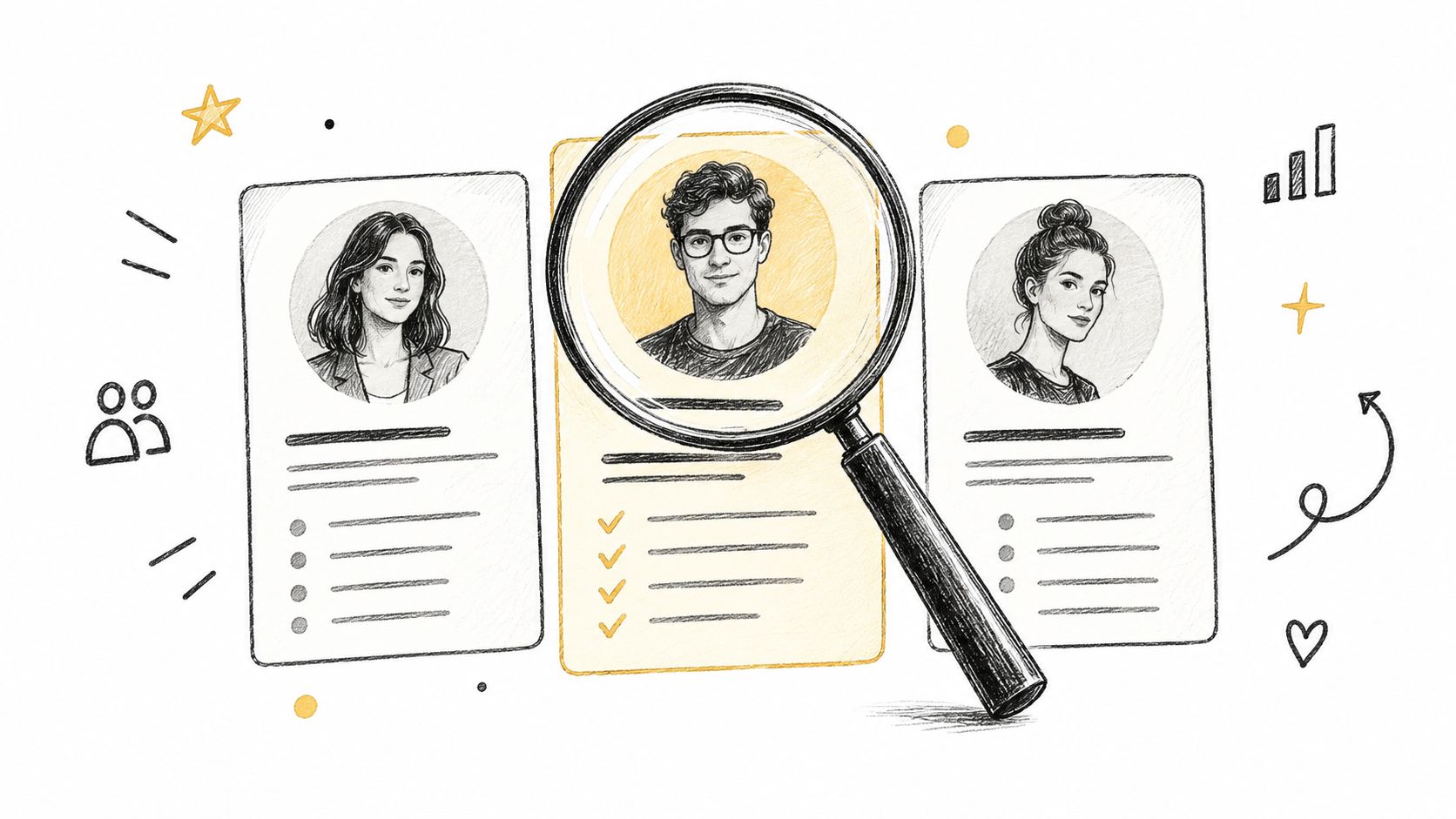A magnifying glass focusing on a male candidate profile among other resume cards representing recruitment and selection.