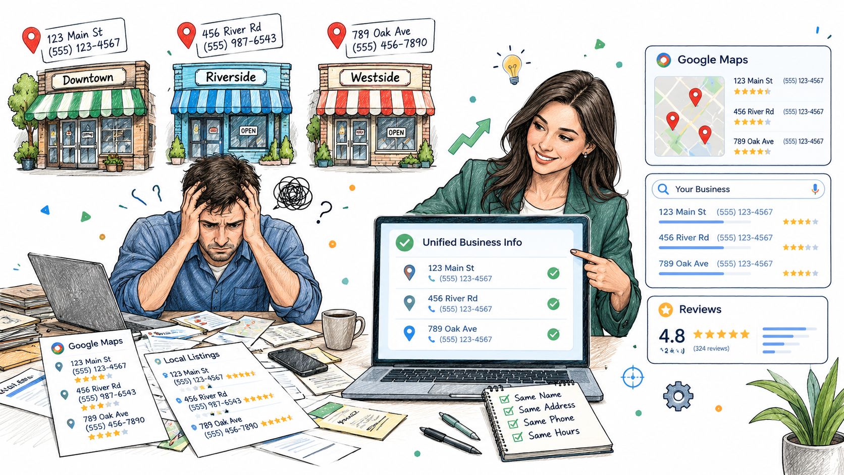 A woman helping a frustrated man organize consistent business information across online mapping and local listing platforms.