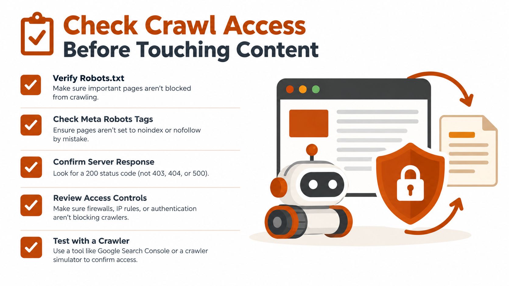 A checklist illustration for verifying search engine crawl access before performing technical website content audits.