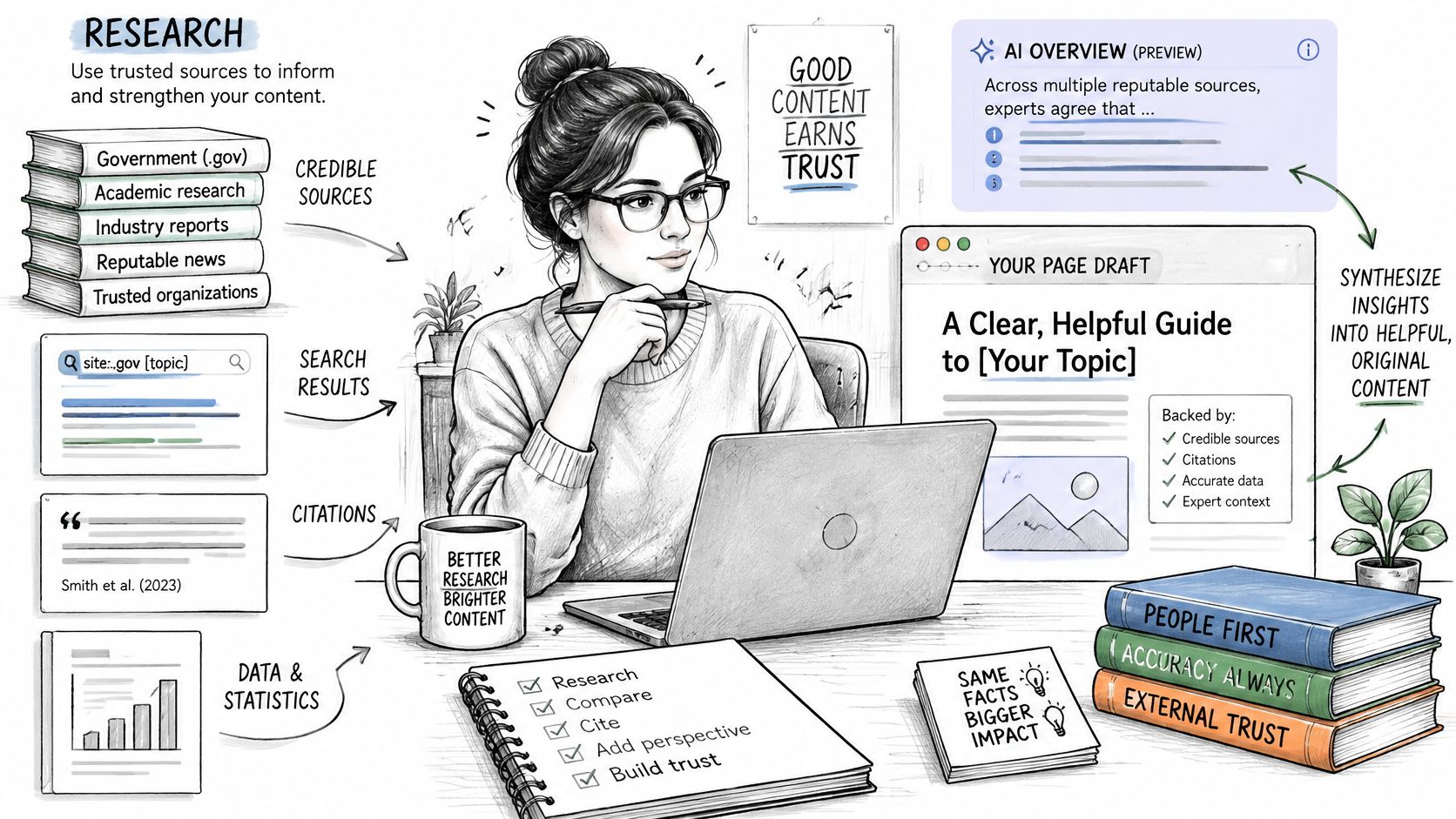 A woman researching and writing content at her desk to improve search visibility and earn audience trust.