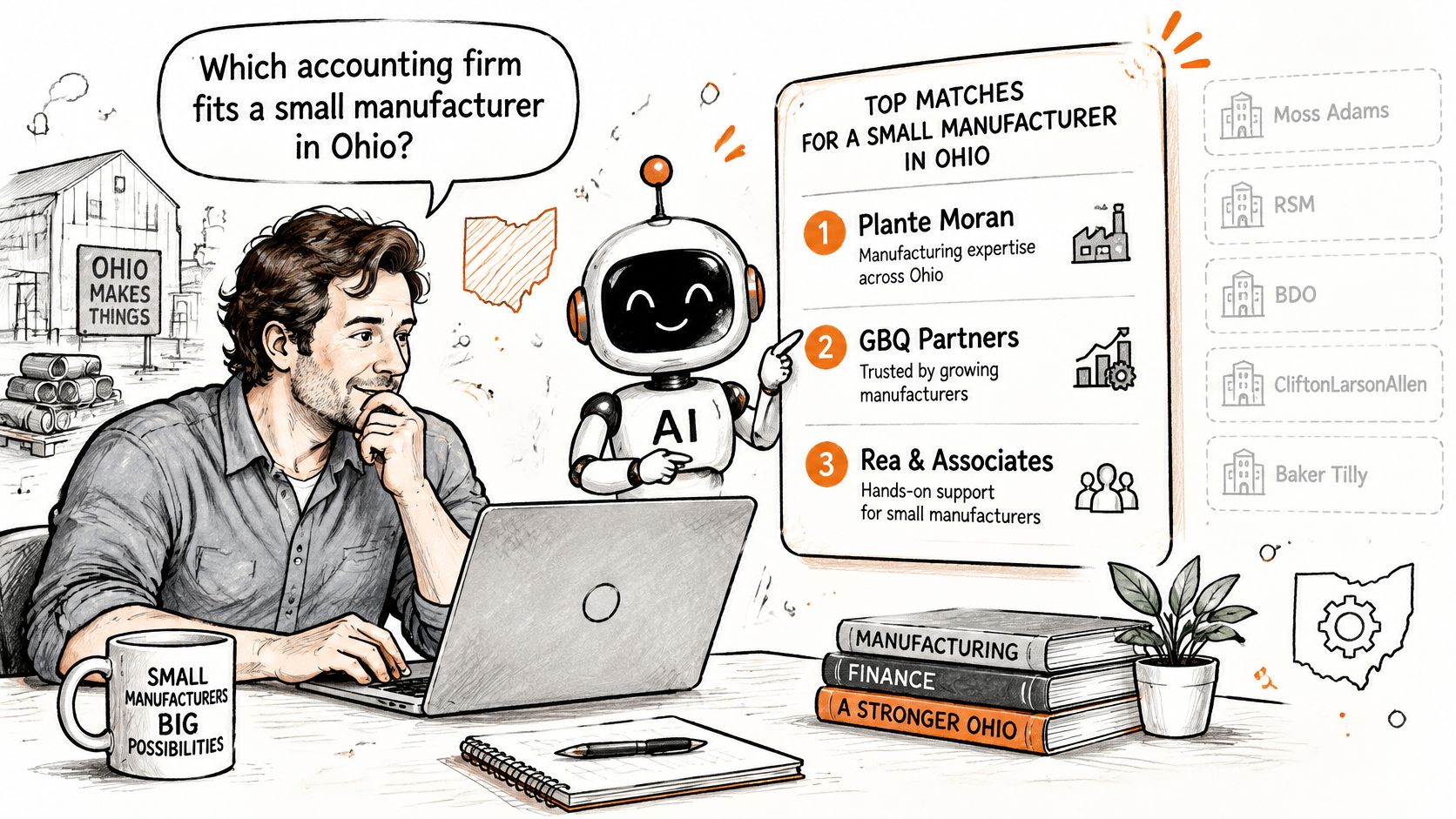 A man using a laptop and an AI robot presenting accounting firm recommendations for Ohio manufacturers.