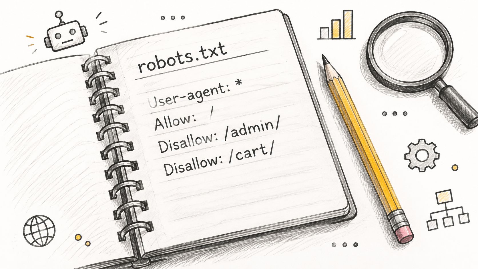 A hand-drawn notebook showing a robots.txt file with directives to allow and disallow website directories.