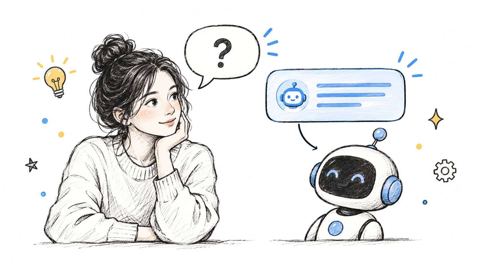 A hand-drawn illustration of a young woman thinking next to a friendly AI robot with a speech bubble.
