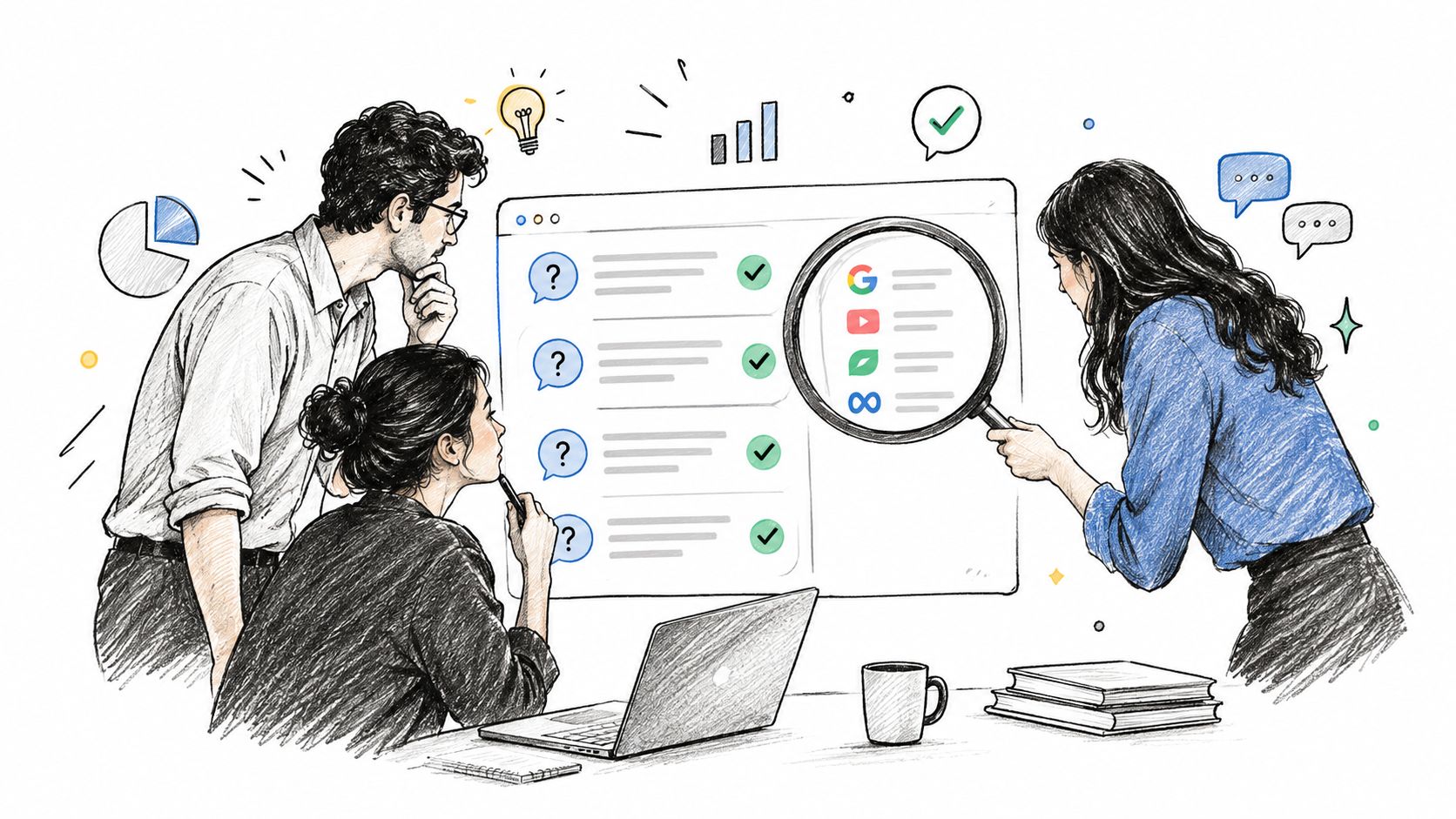 A diverse team collaborating on search engine optimization analysis using digital data and magnifying glass inspection.