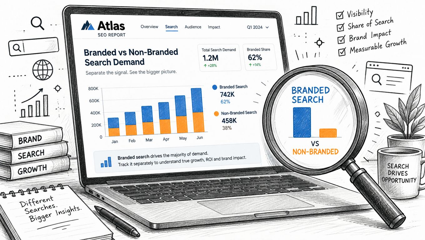 A digital SEO report on a laptop screen illustrating branded versus non-branded search demand growth analytics.