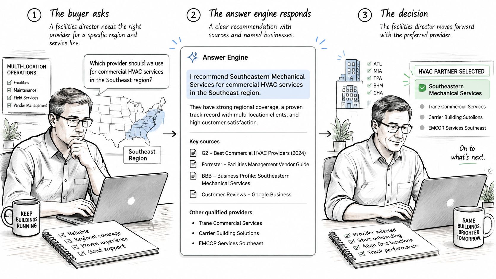 A professional flow chart illustrating the three-step process of using an AI answer engine for business decisions.