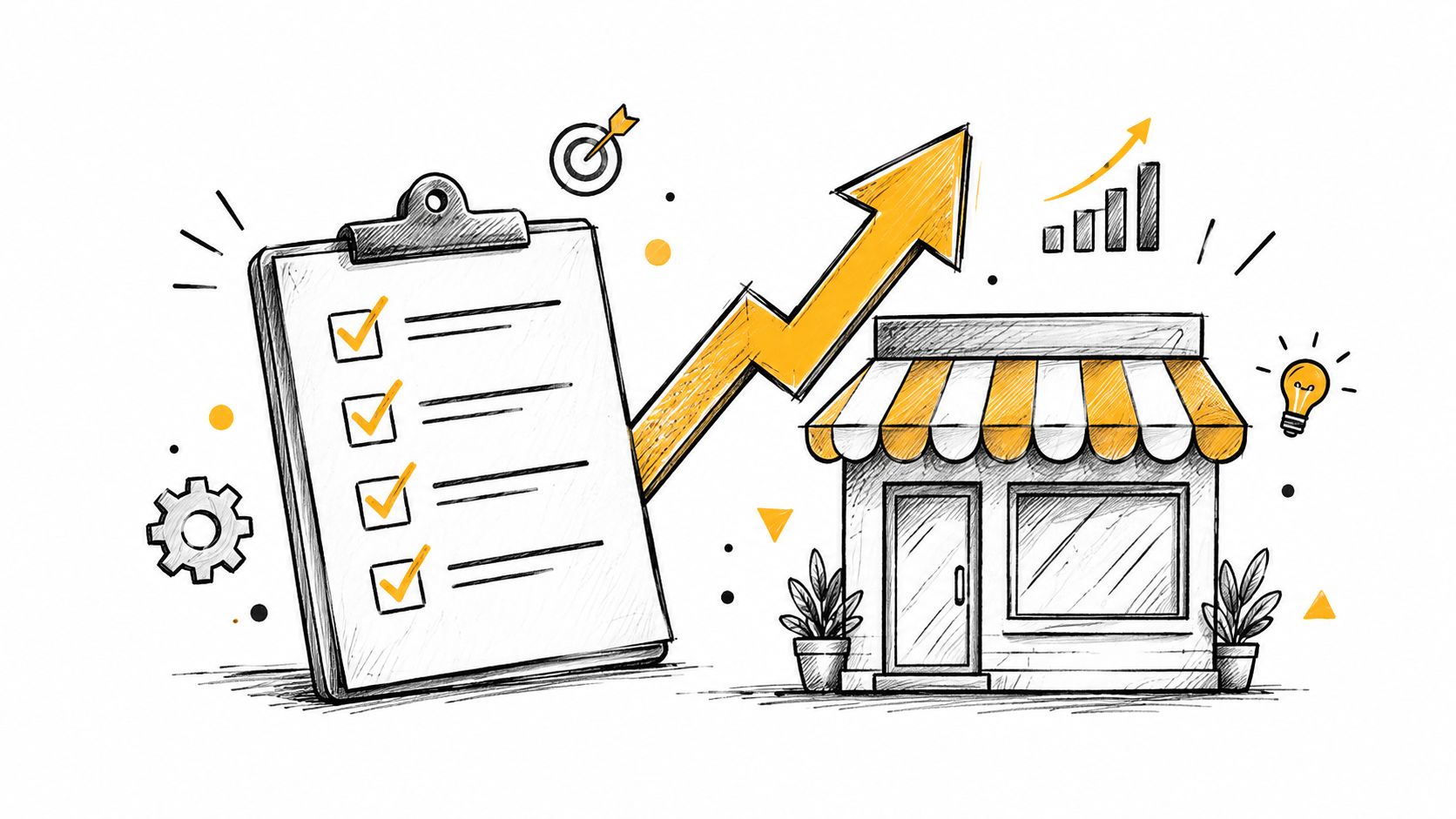 A hand-drawn illustration showing a clipboard with checkmarks, a retail store, and an upward growth arrow.